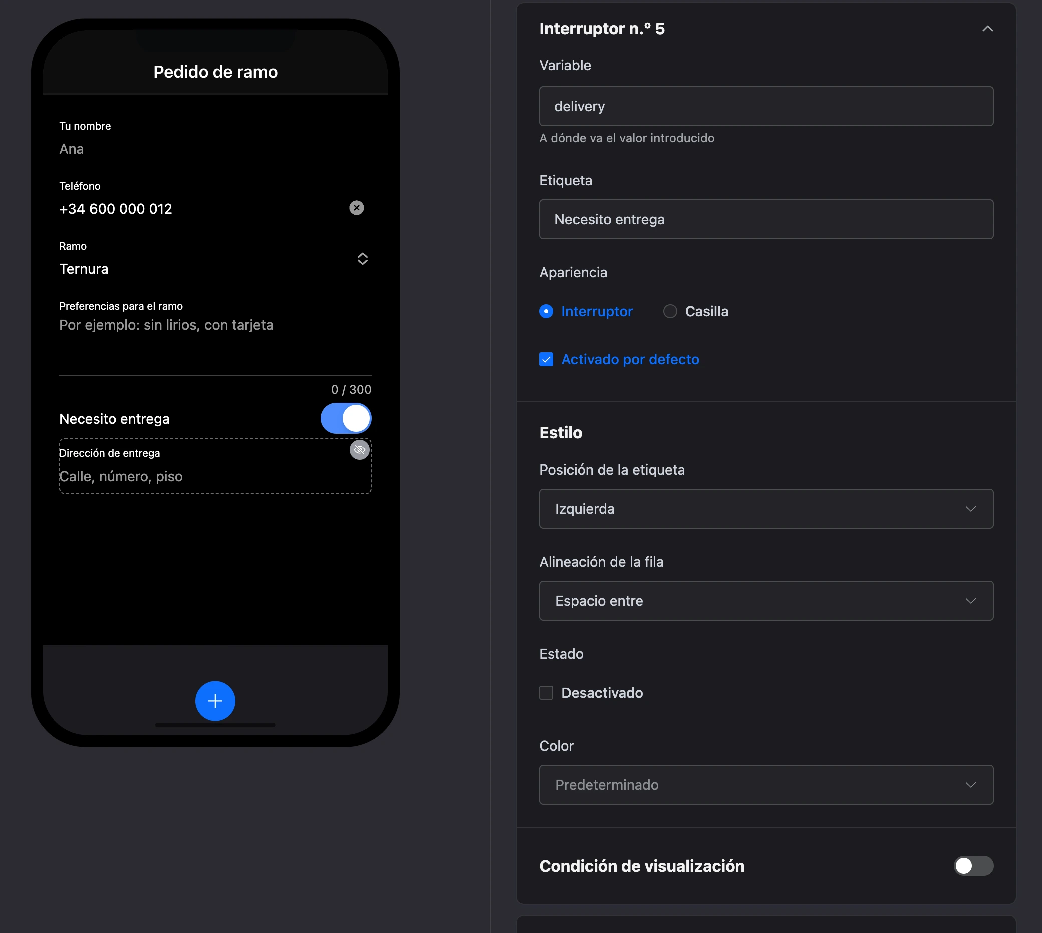 El elemento «Interruptor»: «Necesito entrega» en la pantalla y la configuración del elemento