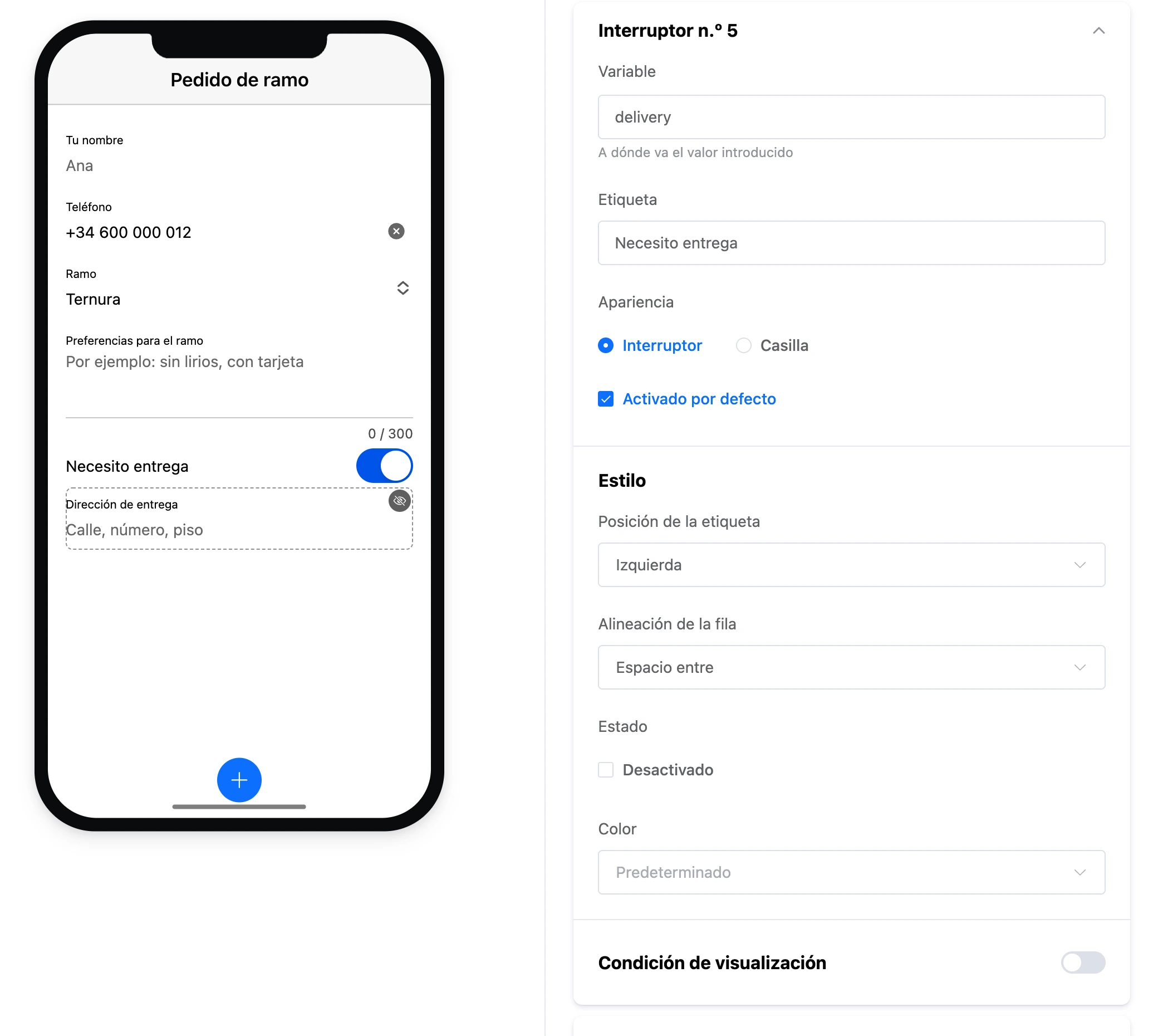 El elemento «Interruptor»: «Necesito entrega» en la pantalla y la configuración del elemento