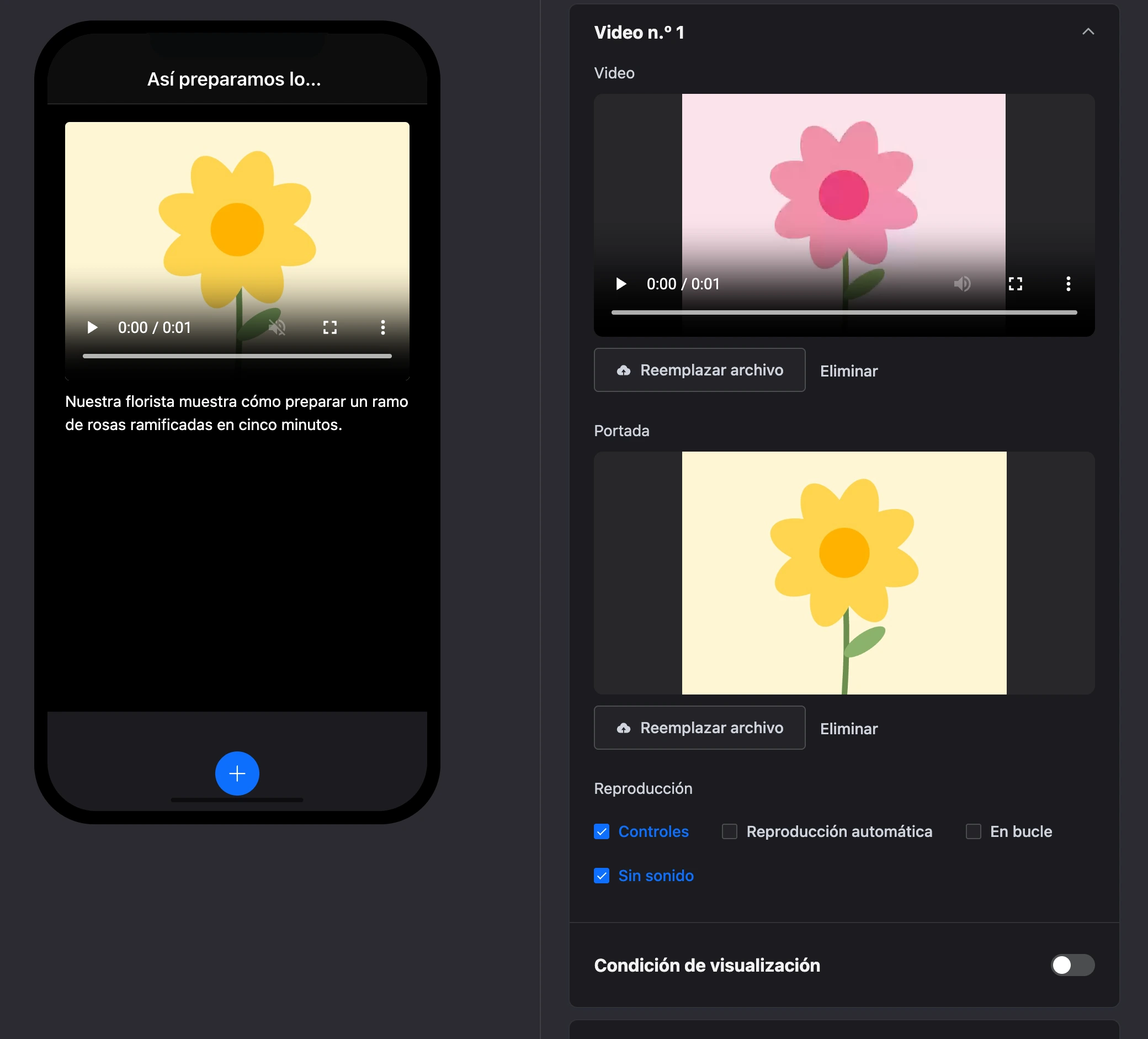 El elemento «Video»: un reproductor con portada en la pantalla y la configuración del elemento