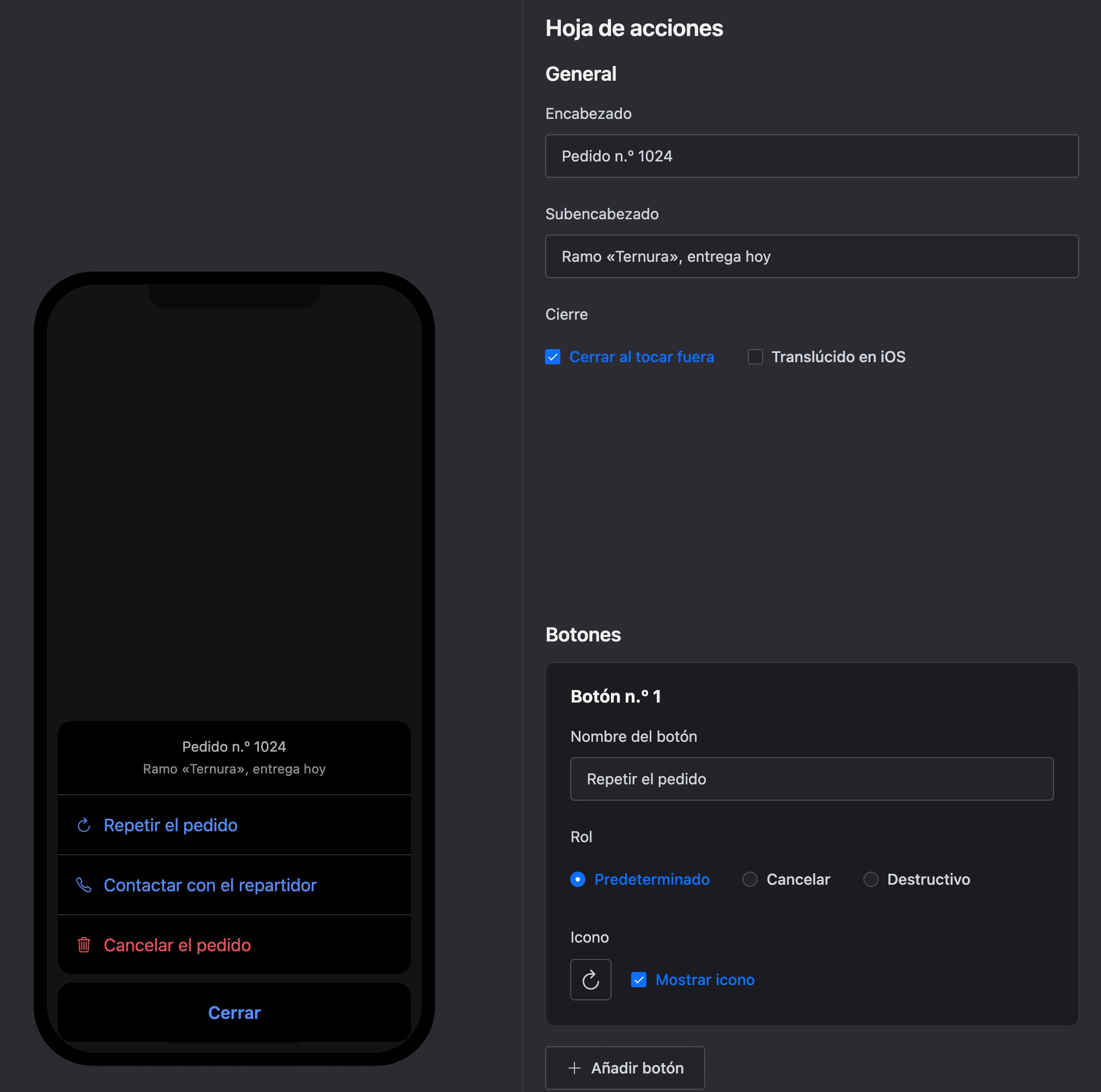 El bloque Hoja de acciones: la hoja en el teléfono y la configuración del primer botón