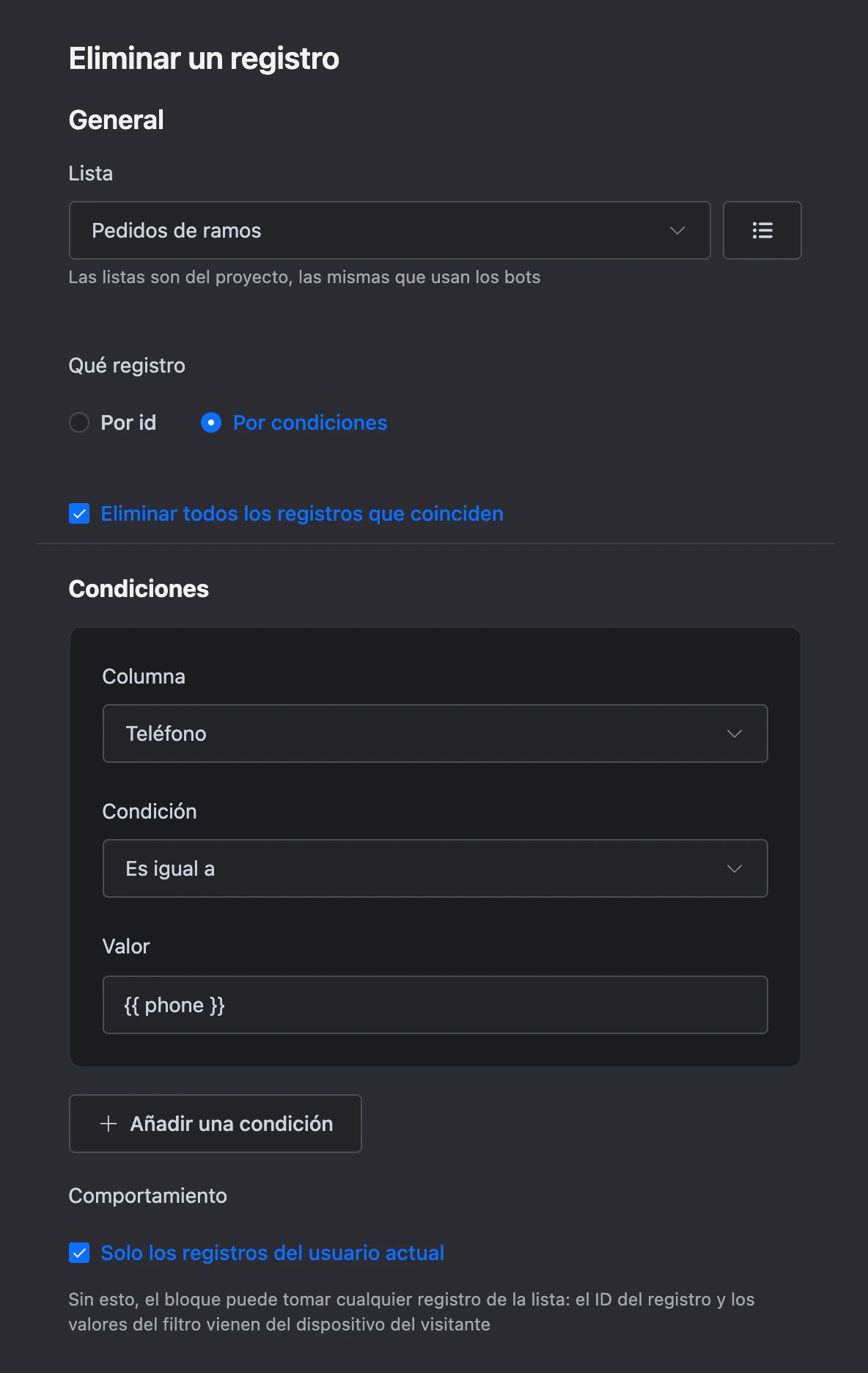 Bloque Eliminar un registro: eliminar todos los registros que coinciden con una condición sobre la columna Teléfono