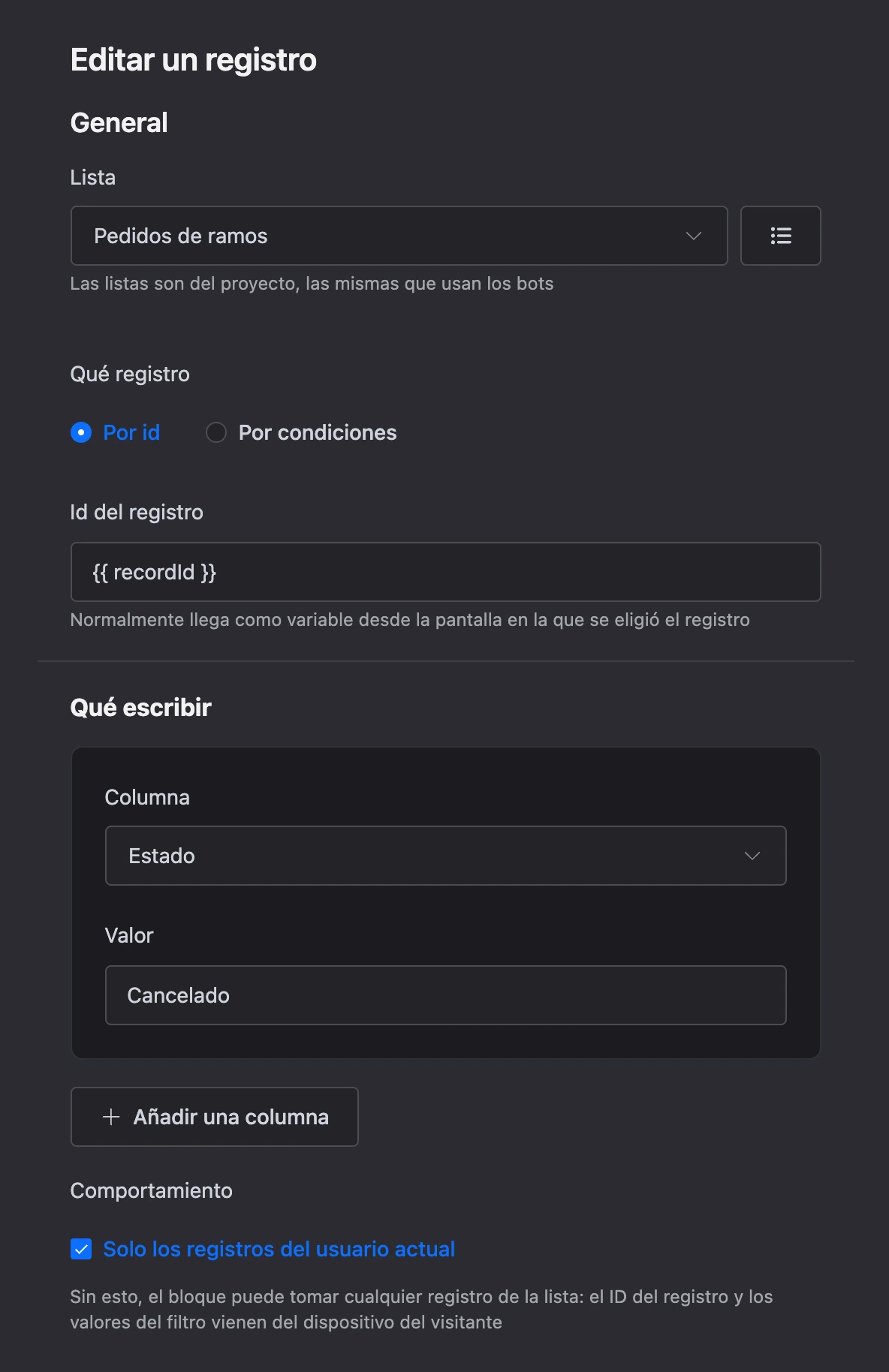 Bloque Editar un registro: un registro por id, la columna Estado y un valor