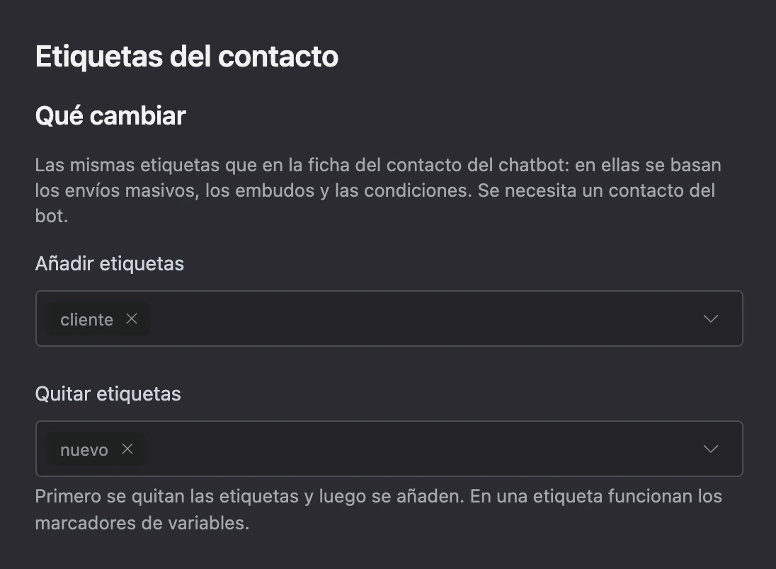 Bloque Etiquetas del contacto: añadir «cliente», quitar «nuevo»