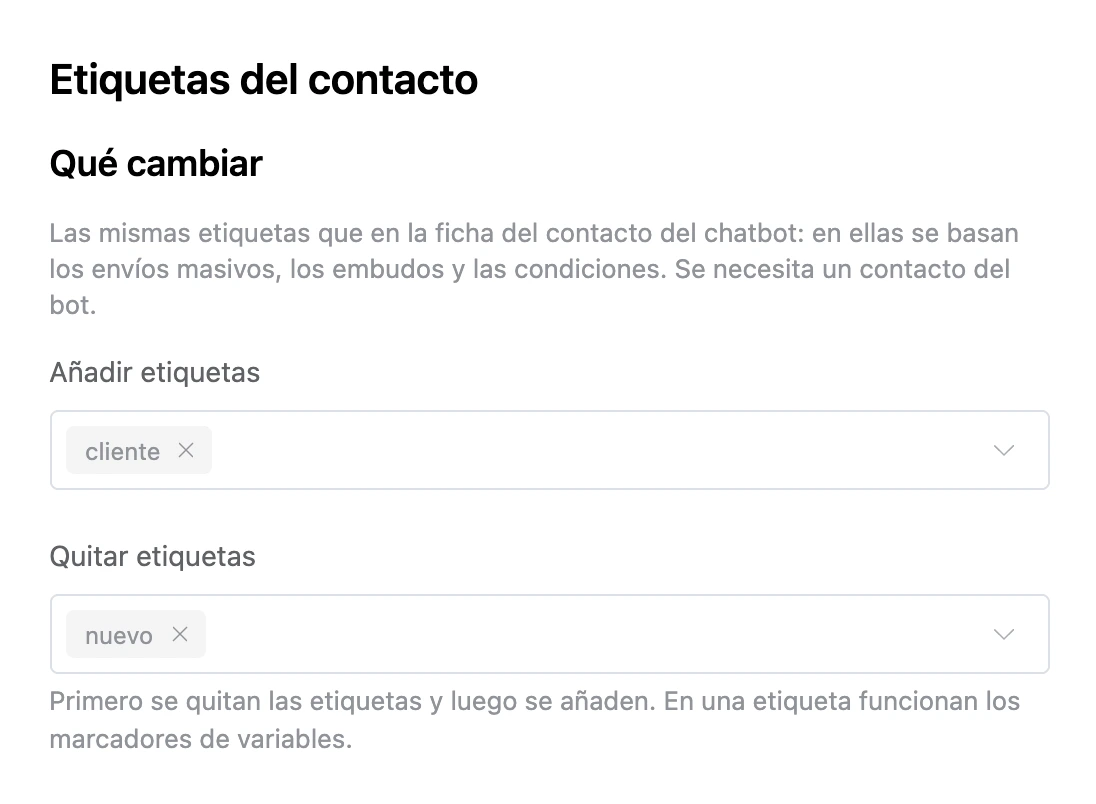 Bloque Etiquetas del contacto: añadir «cliente», quitar «nuevo»