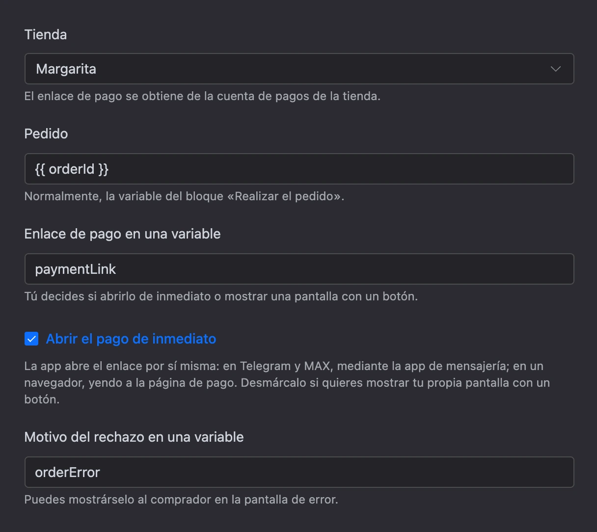 Bloque Pago del pedido: el pedido desde una variable, el enlace a una variable y «Abrir el pago de inmediato»