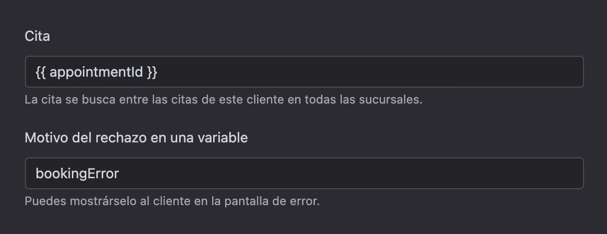 Bloque Cancelar cita: la cita desde una variable y el motivo del rechazo