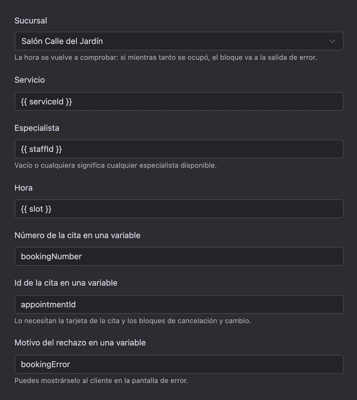 Bloque Reservar una cita: sucursal, servicio, especialista, hora y variables