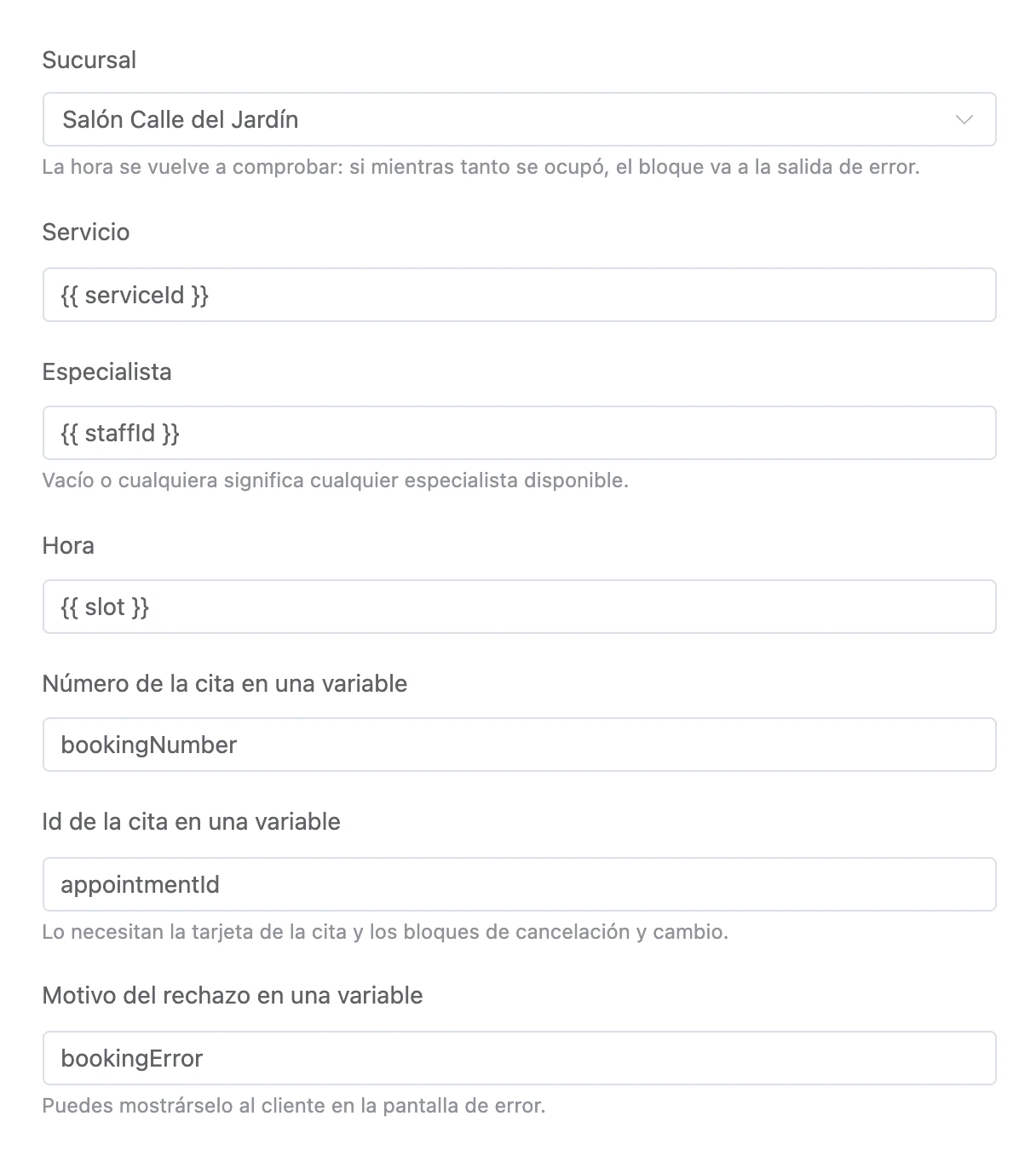 Bloque Reservar una cita: sucursal, servicio, especialista, hora y variables