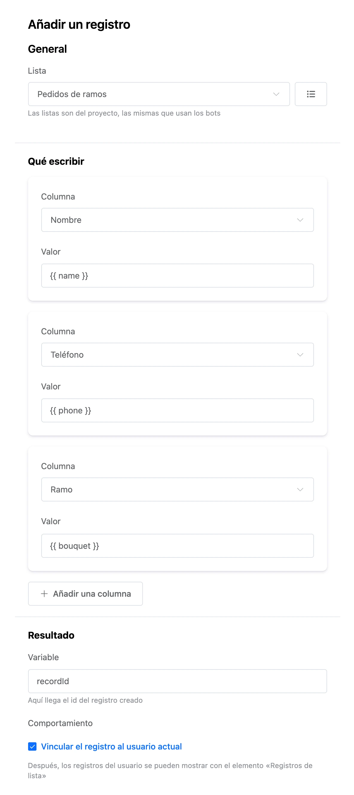 Bloque Añadir un registro: lista, columnas y valores
