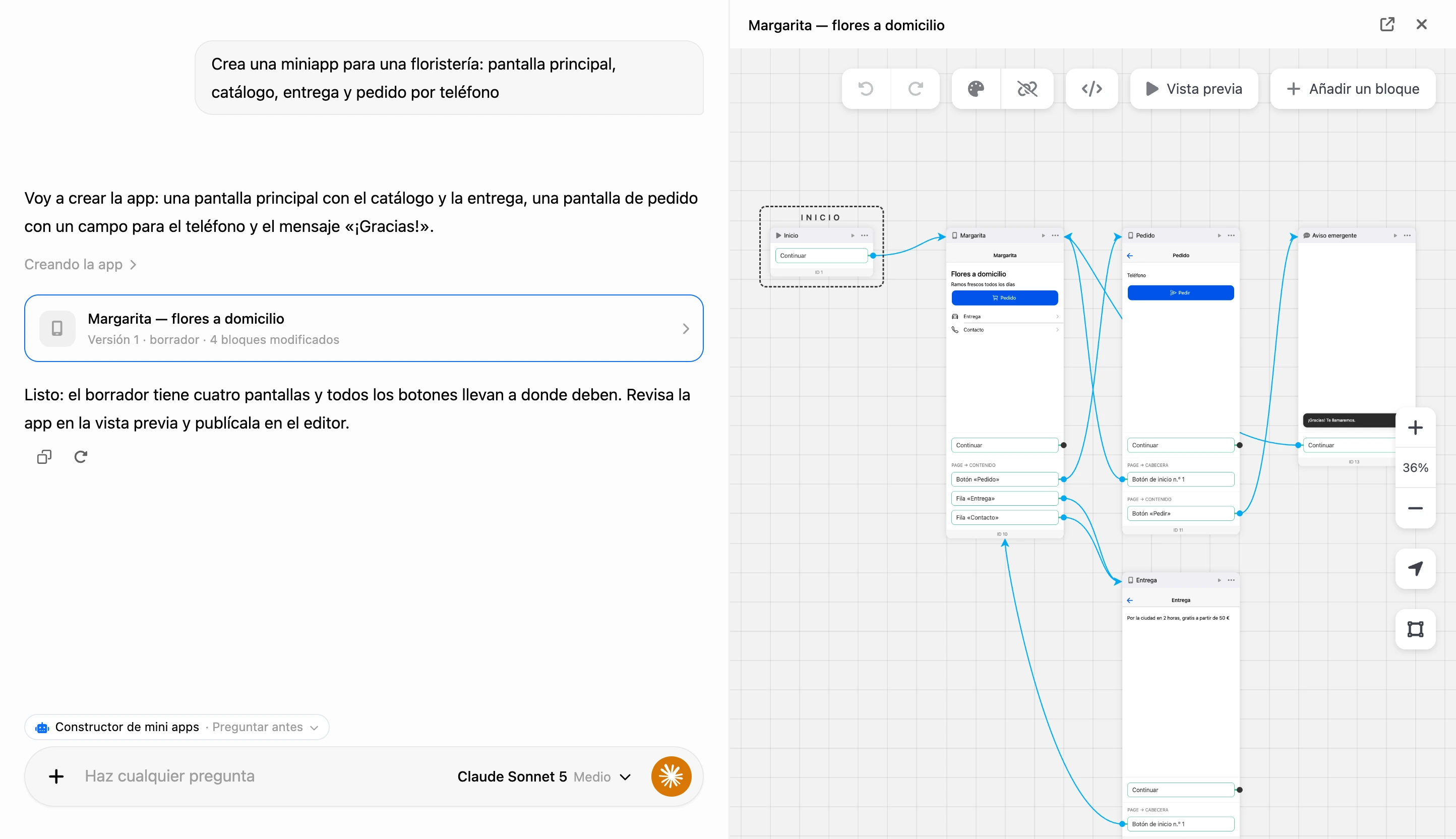 Creación en el chat de IA: la tarjeta de la app en la conversación y el esquema de la app a la derecha