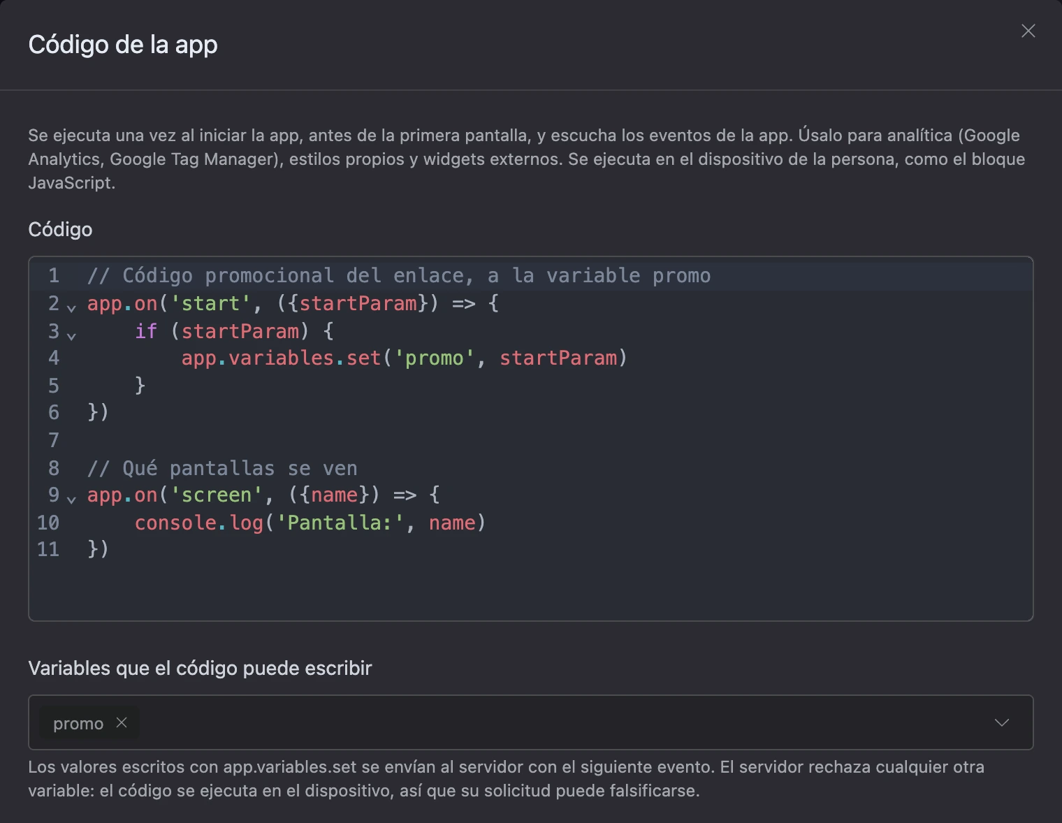 La ventana «Código de la app»