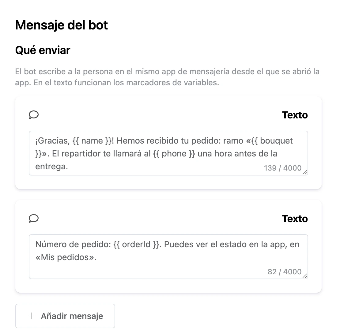 Bloque Mensaje del bot: una cadena de dos mensajes