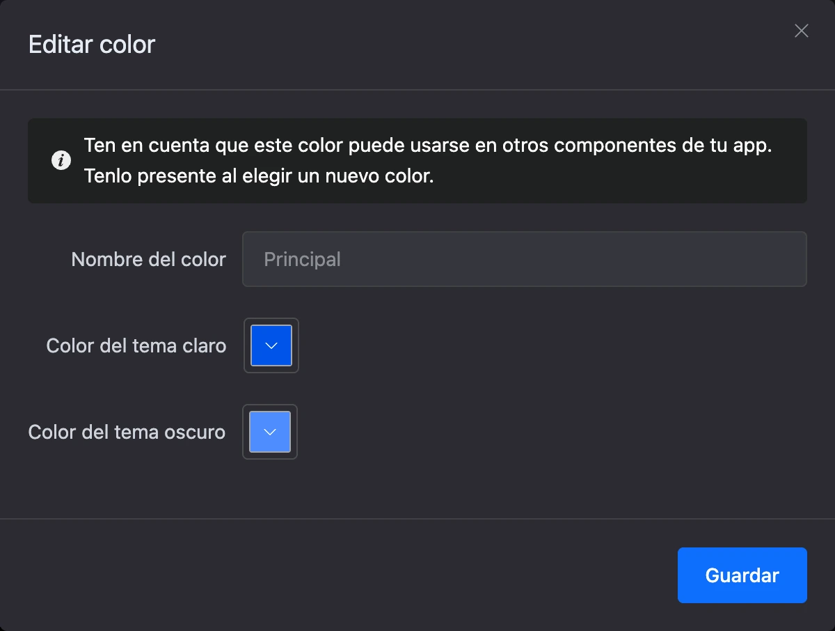 Edición de un color de la paleta: valores para los temas claro y oscuro