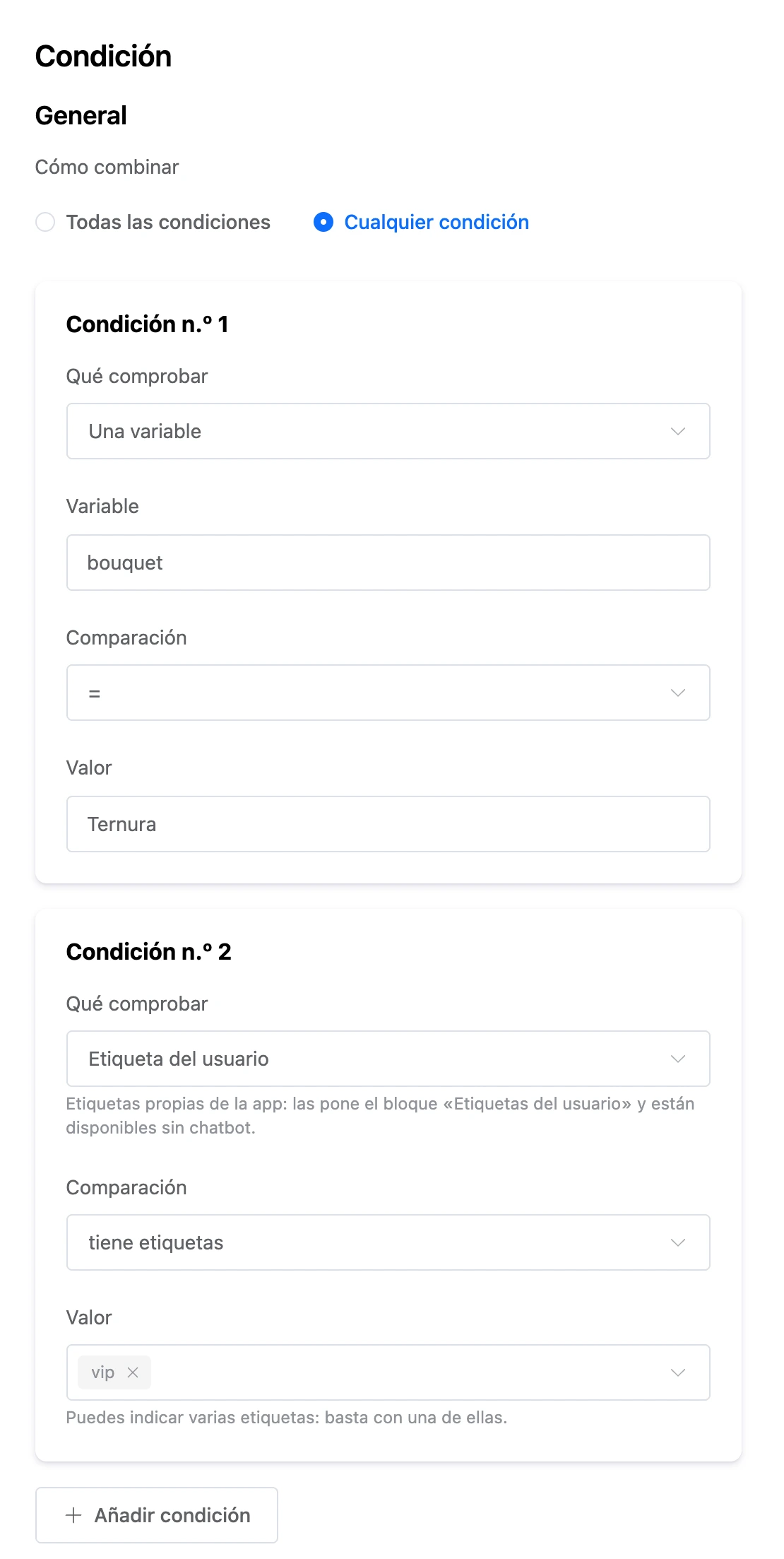 Configuración del bloque Condición: una variable y una etiqueta del usuario