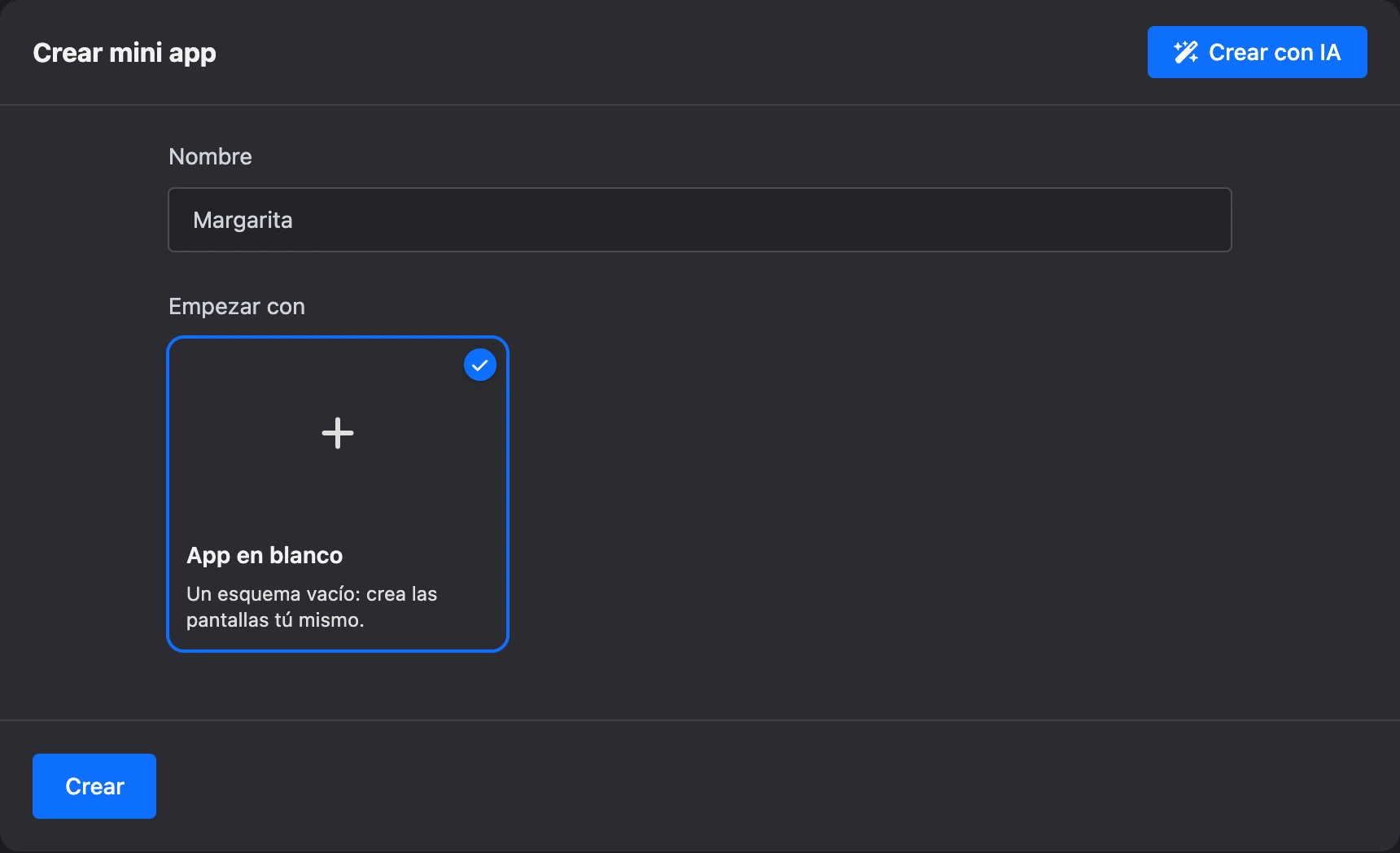 Formulario de creación de una mini app: el bloque «Crear una app con IA», el nombre y las plantillas