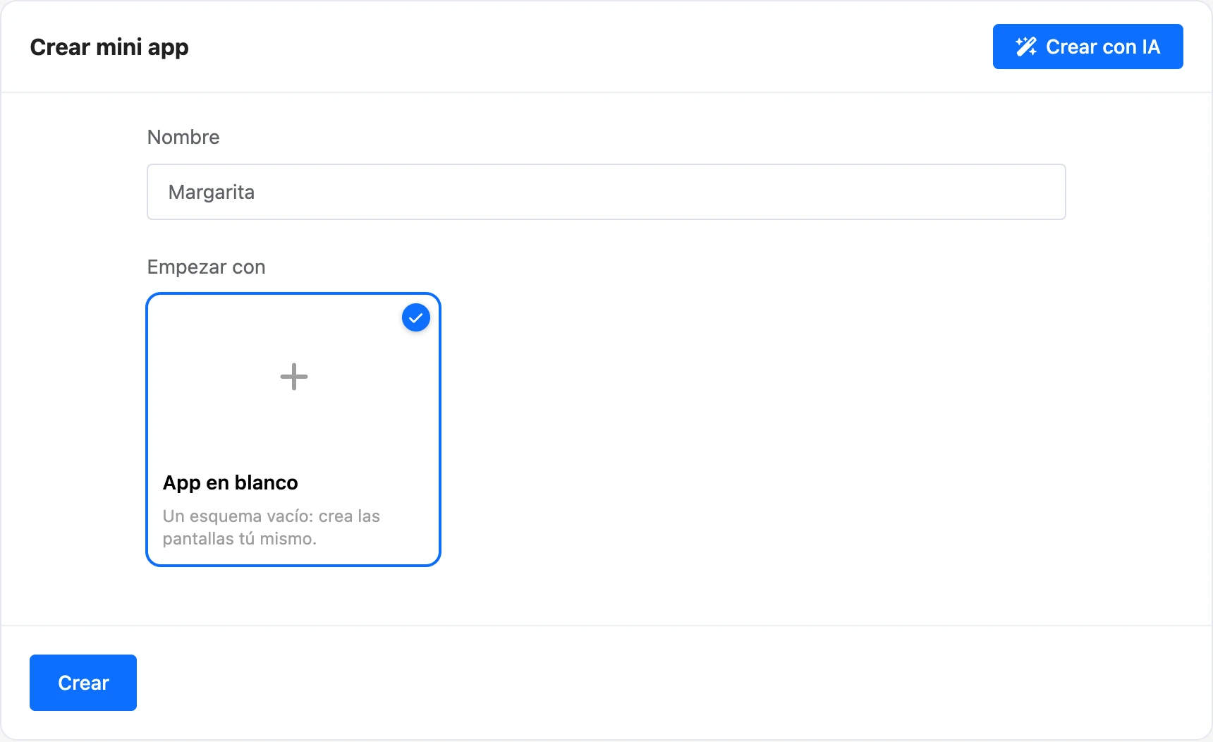 Formulario de creación de una mini app: el bloque «Crear una app con IA», el nombre y las plantillas