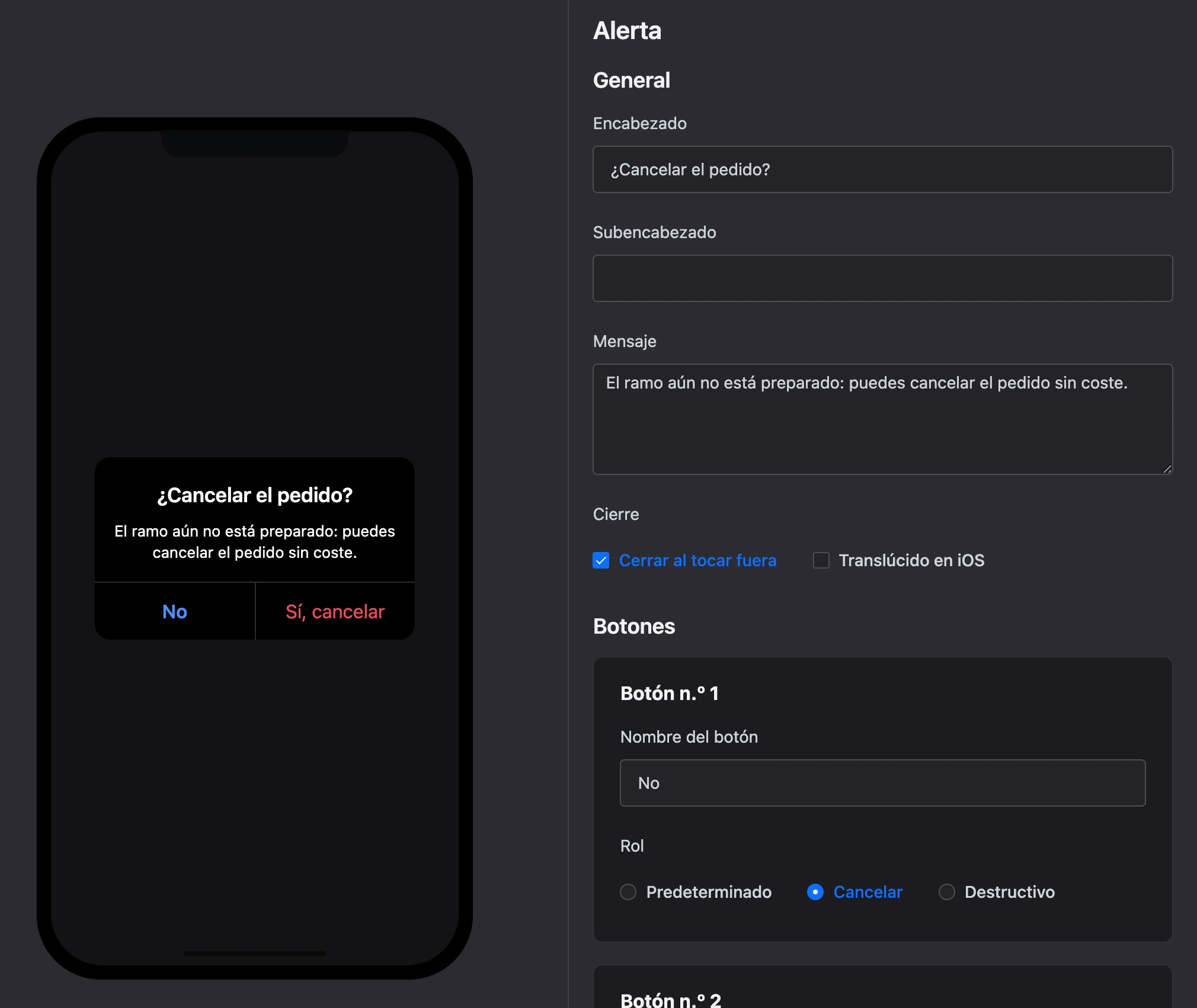 El bloque Alerta: la ventana en el teléfono y la configuración de los botones