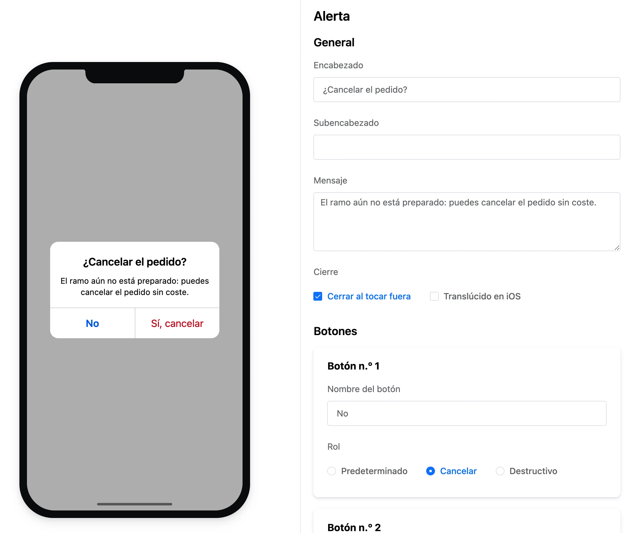 El bloque Alerta: la ventana en el teléfono y la configuración de los botones