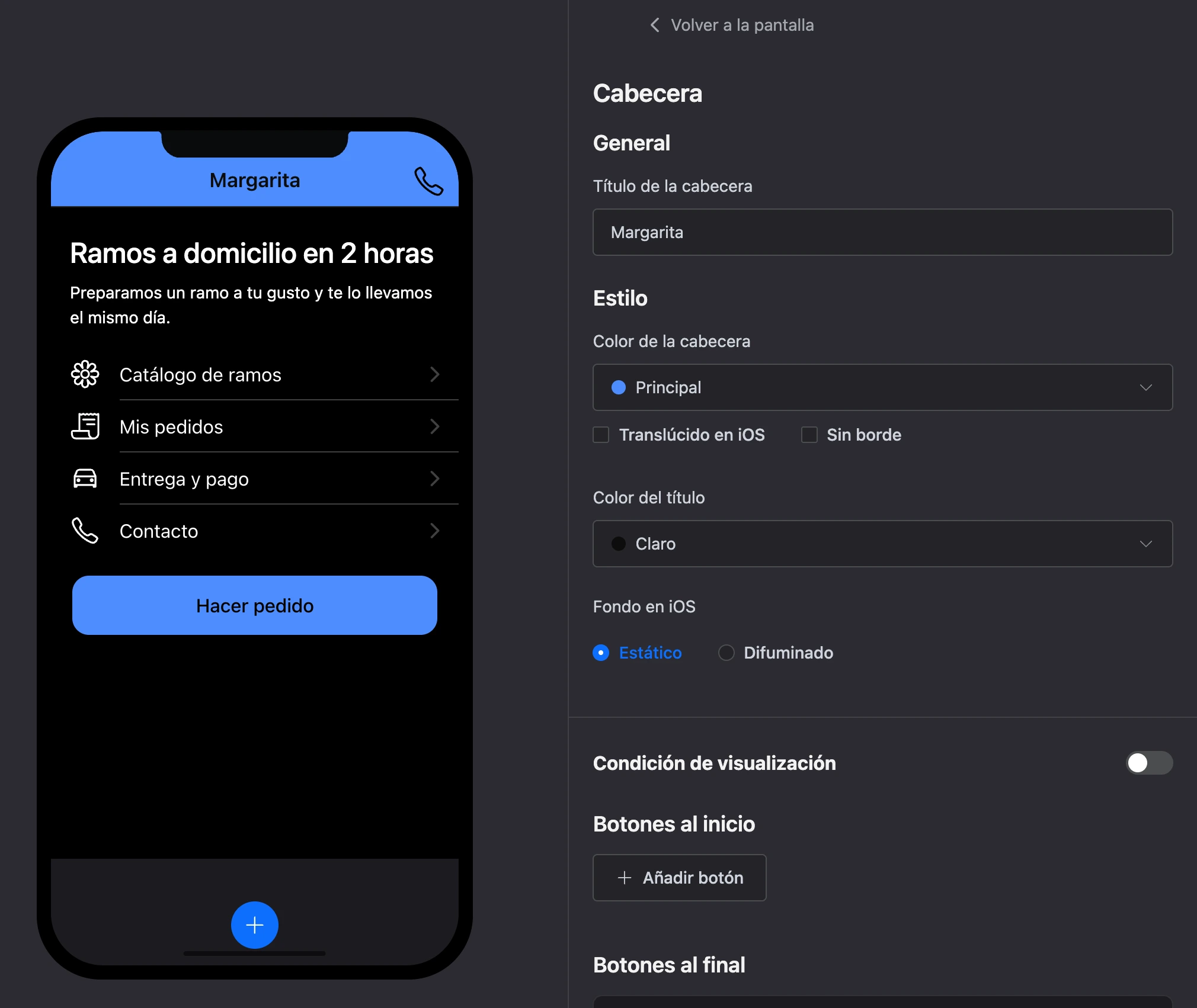 Editor de pantallas: la cabecera está seleccionada en el teléfono y su configuración, a la derecha