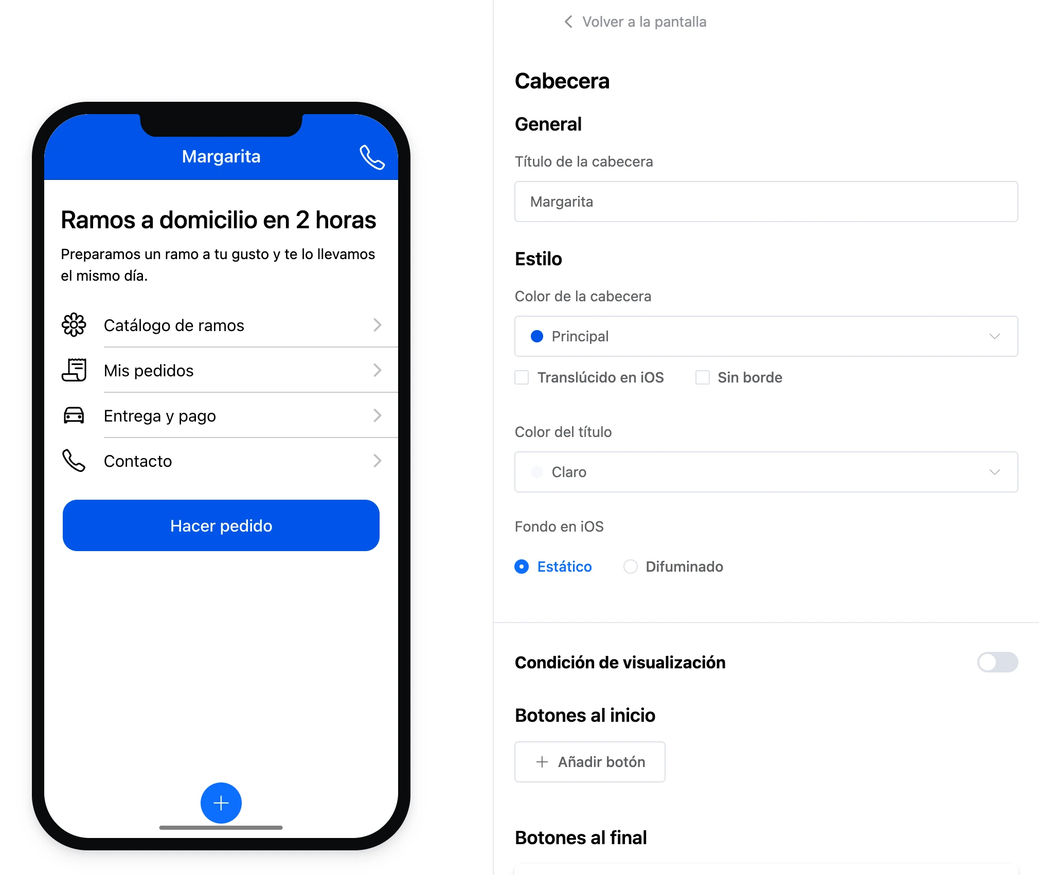 Editor de pantallas: la cabecera está seleccionada en el teléfono y su configuración, a la derecha