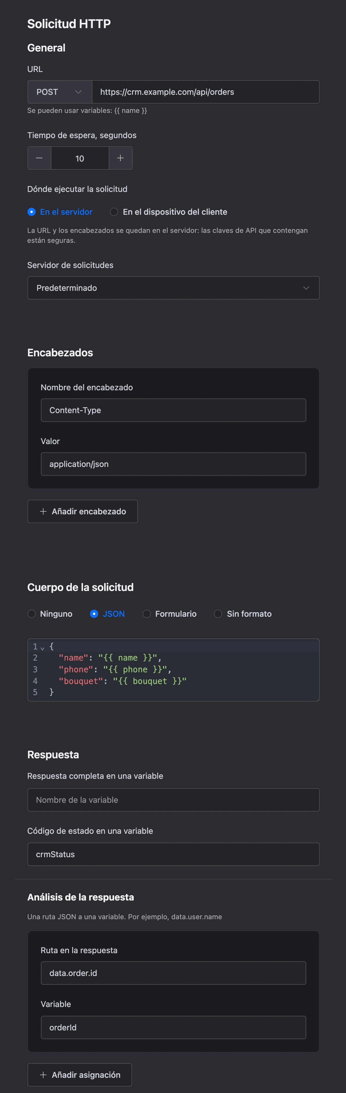 Configuración del bloque Solicitud HTTP
