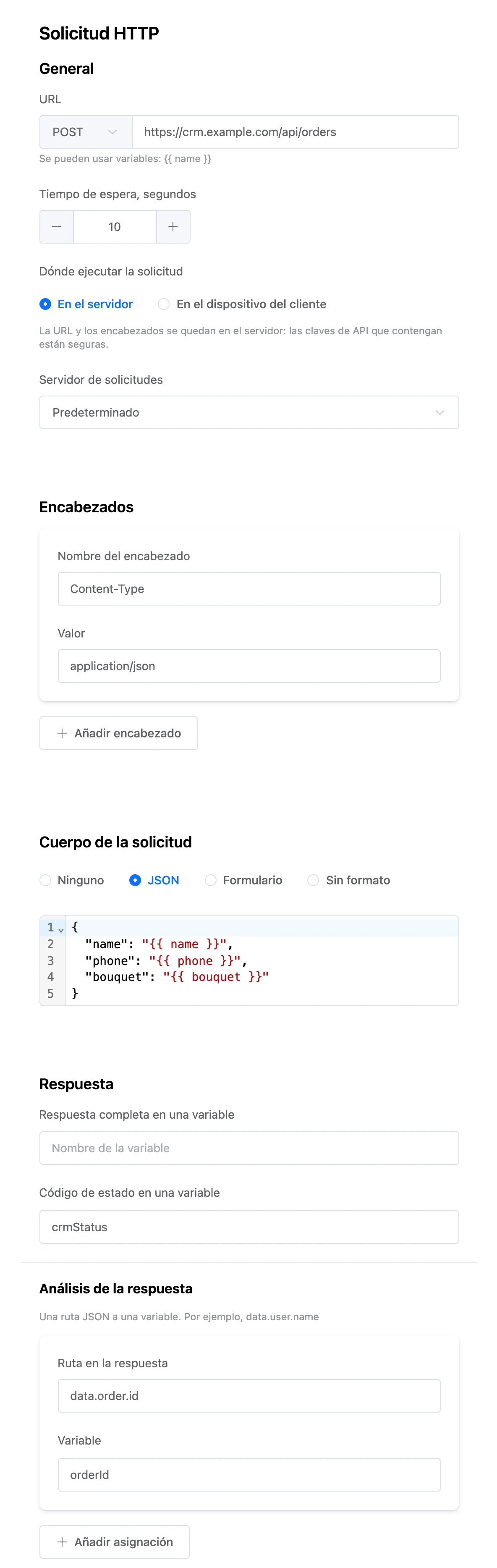 Configuración del bloque Solicitud HTTP