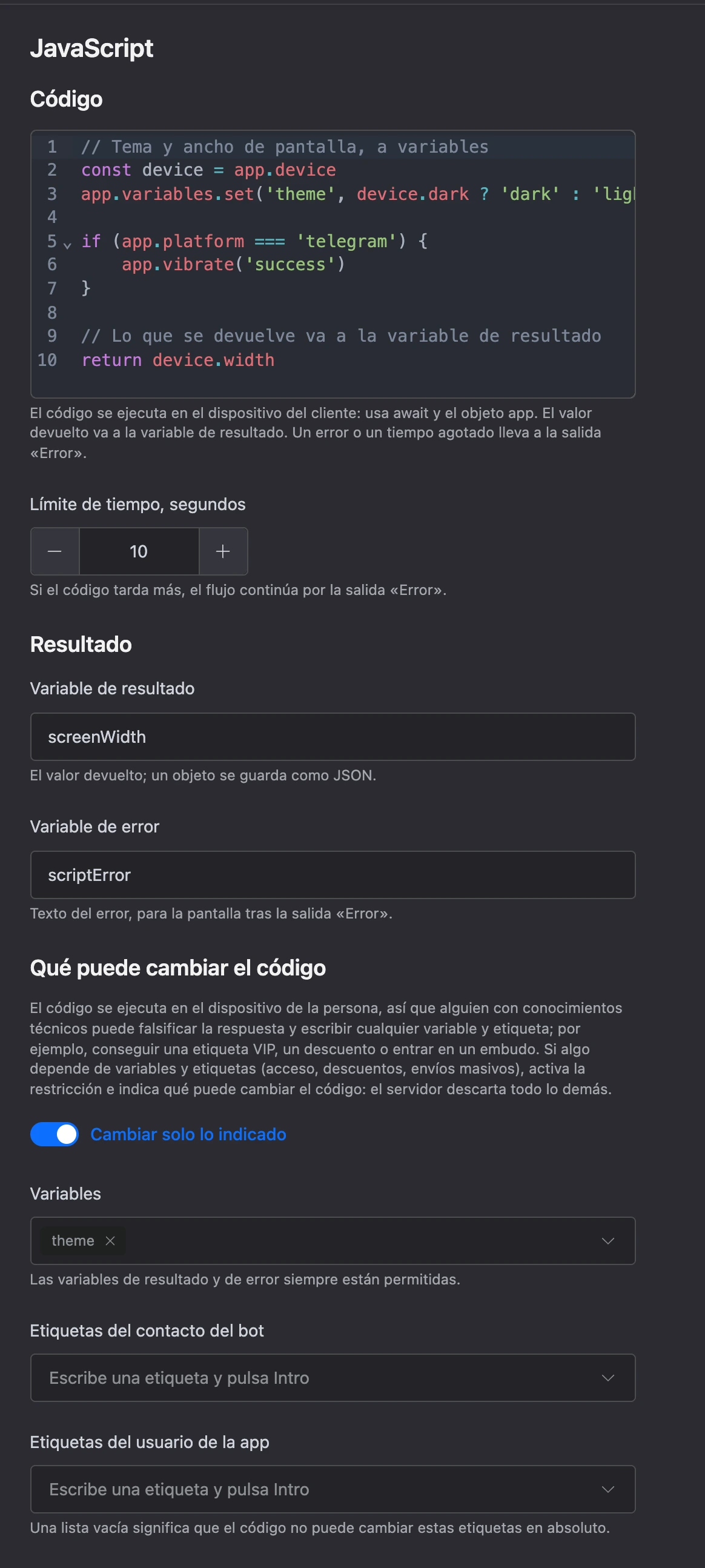 Configuración del bloque JavaScript