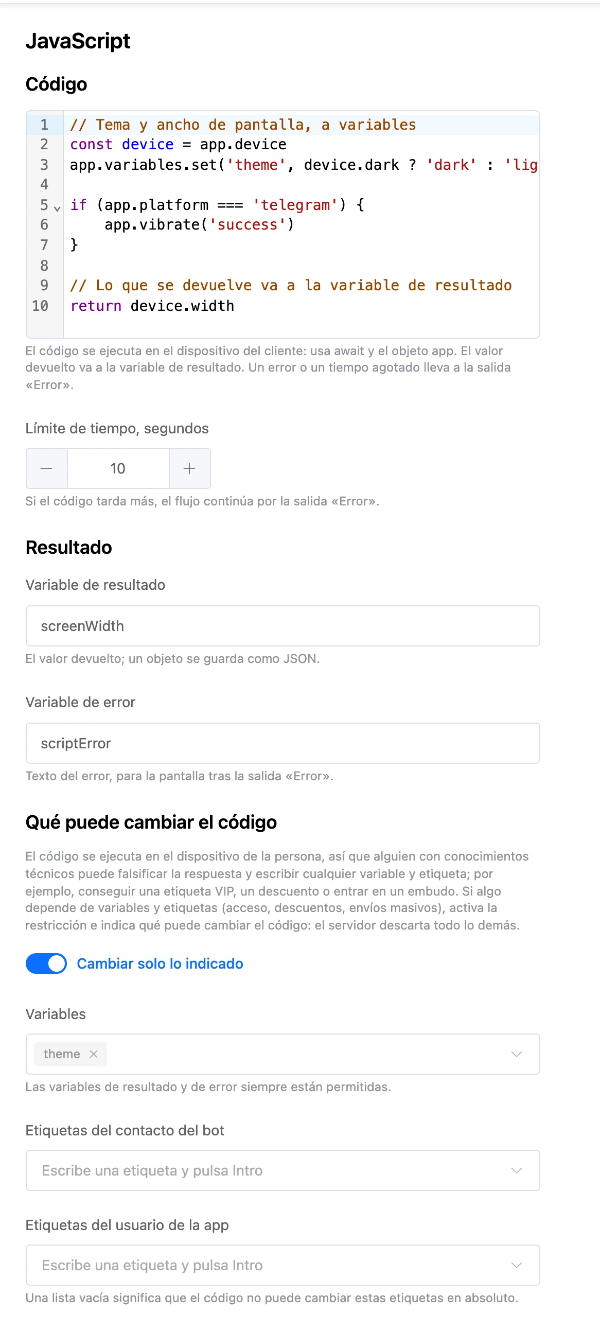 Configuración del bloque JavaScript