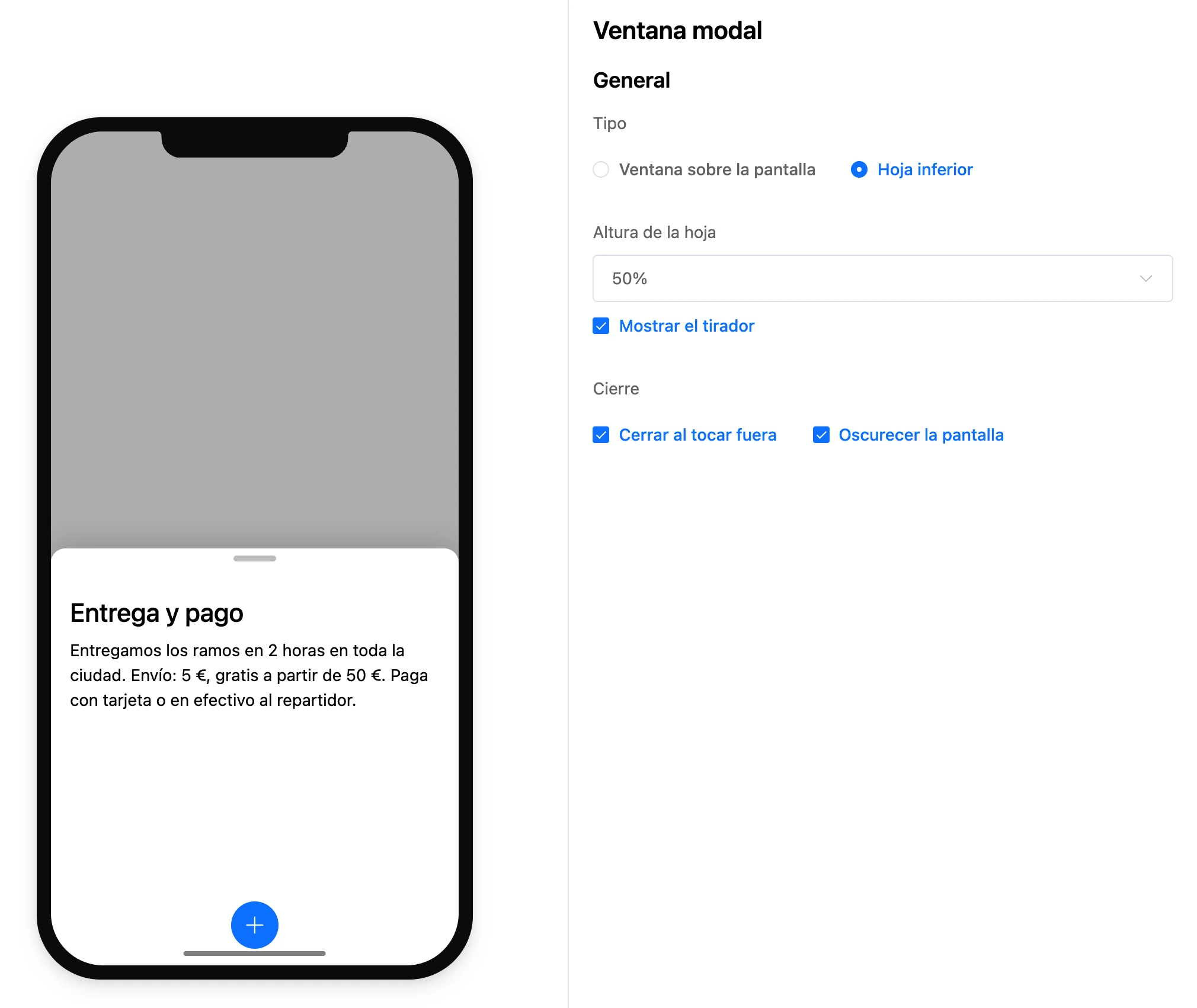 Una ventana modal de hoja inferior y su configuración