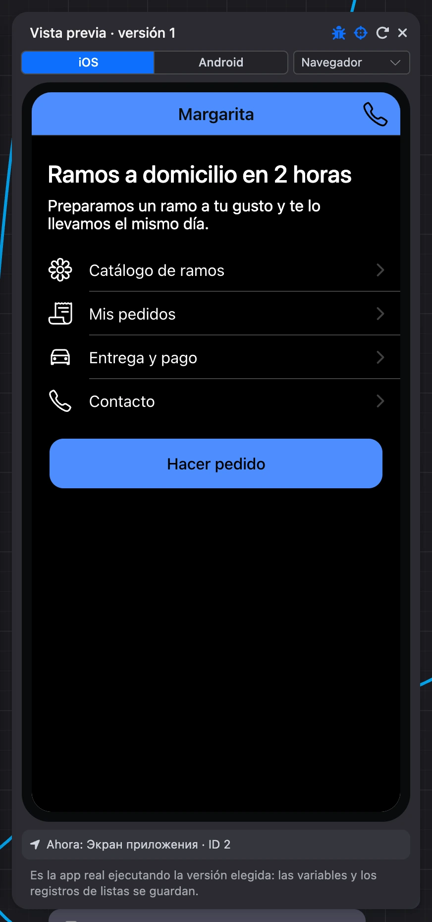 El panel Vista previa con la app
