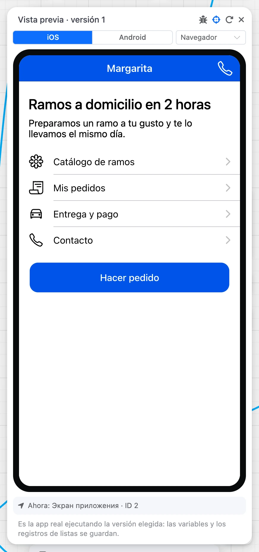 El panel Vista previa con la app