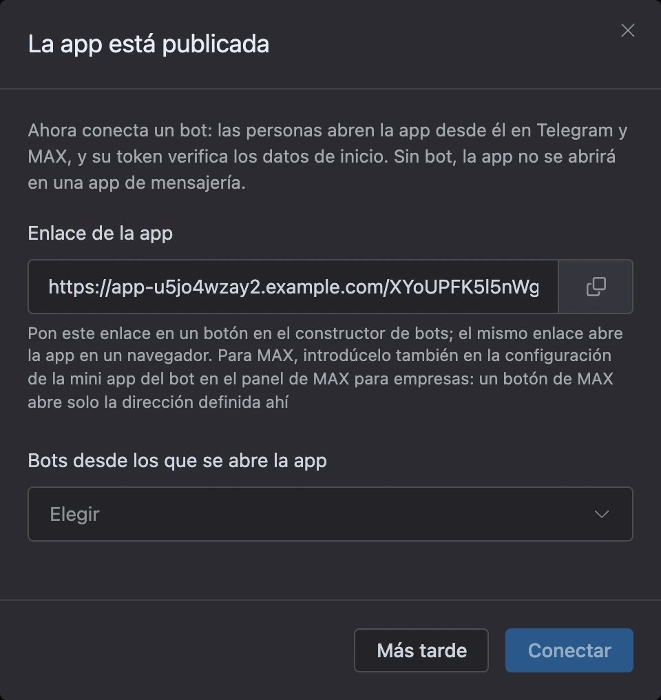 La ventana «La app está publicada»: enlace y elección de bots