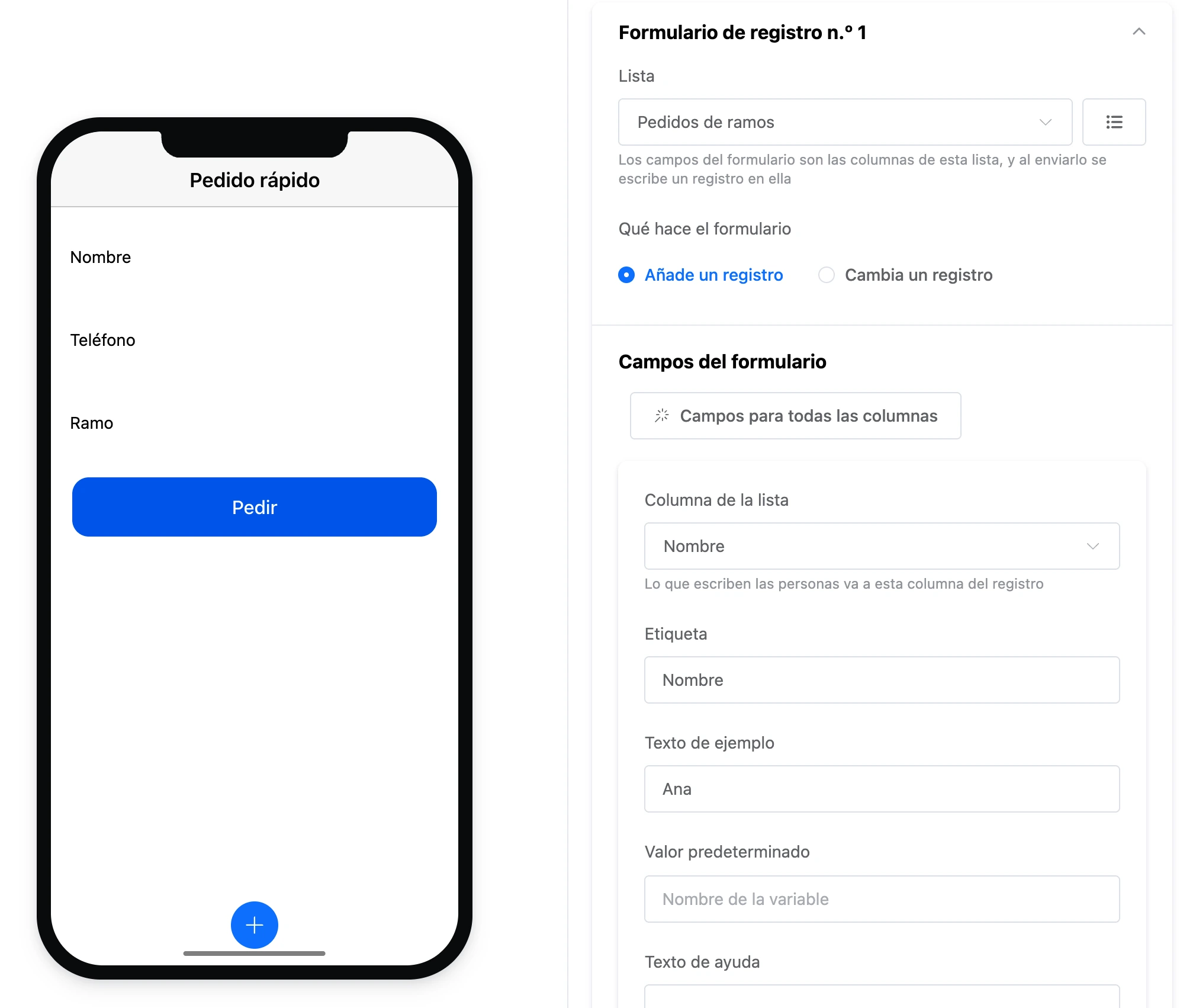 Elemento Formulario de registro: lista y campos del formulario