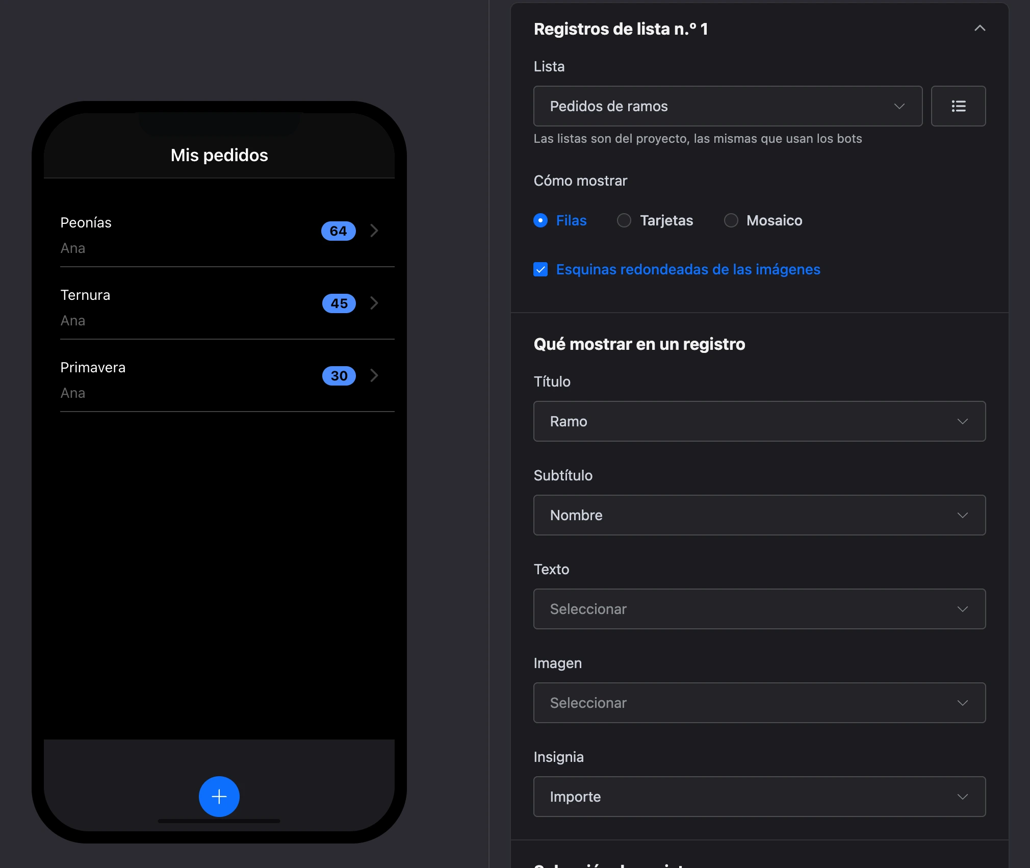 Elemento Registros de lista: qué mostrar, filtrado y orden