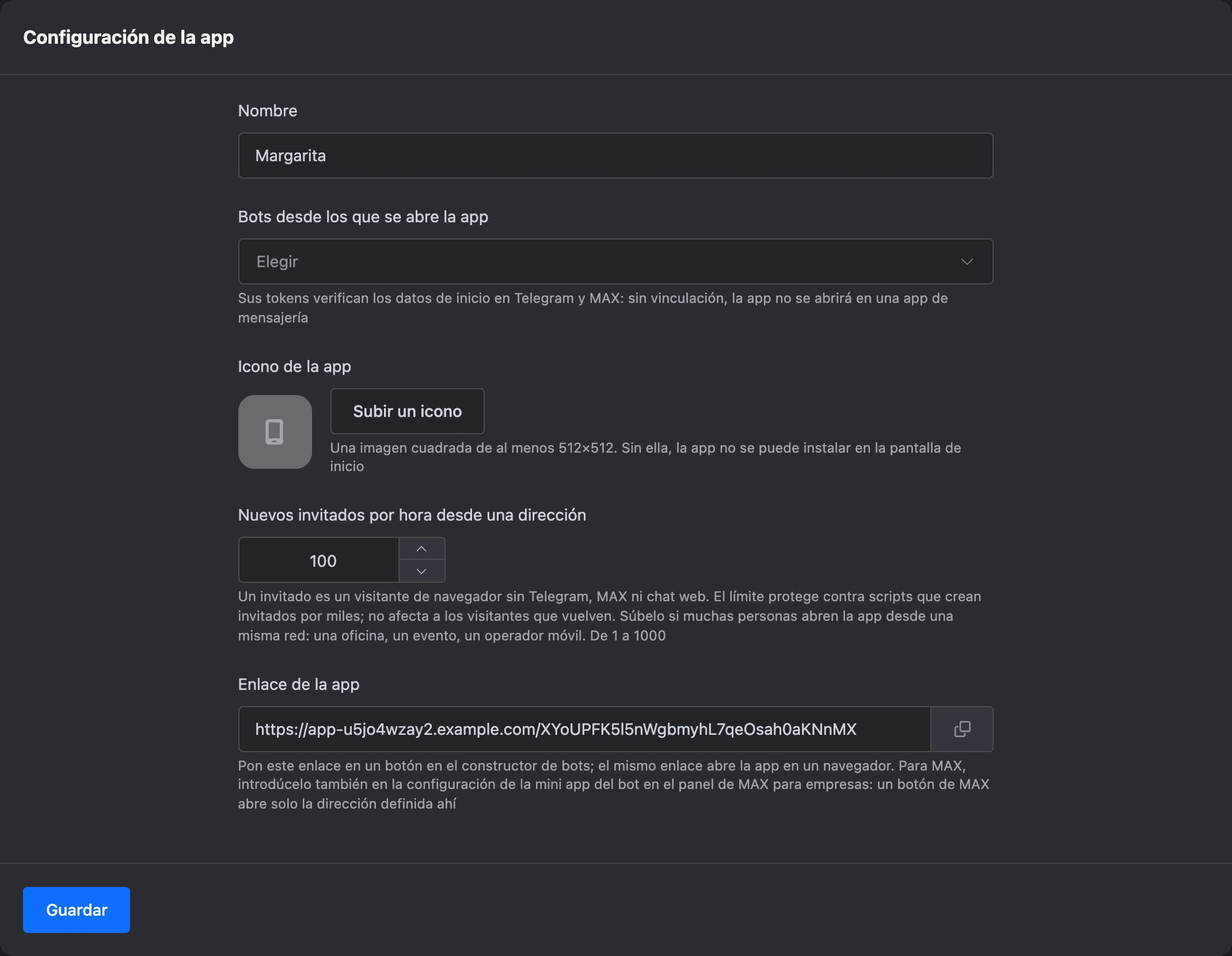 La sección Configuración de la mini app