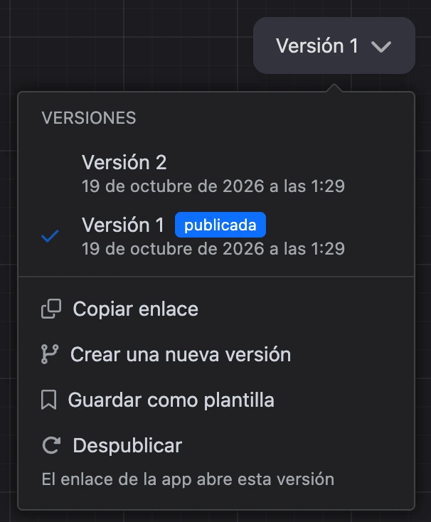 Menú Versiones: la versión publicada y una nueva