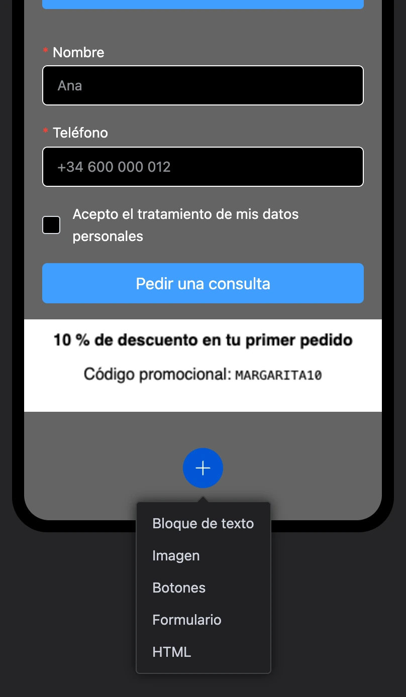 El menú «+»: tipos de bloques