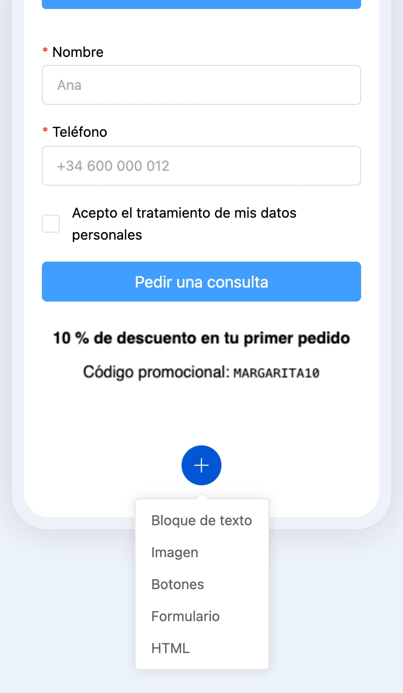 El menú «+»: tipos de bloques