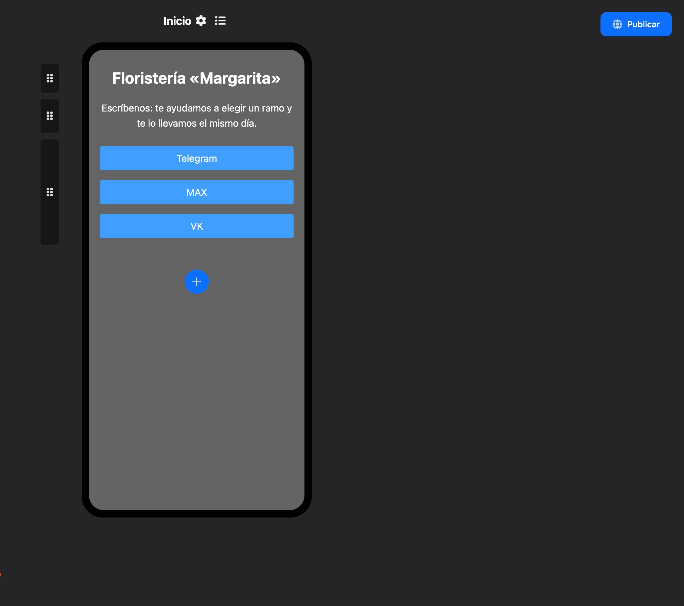 Editor de mini landings: una página con un título, texto y botones a apps de mensajería