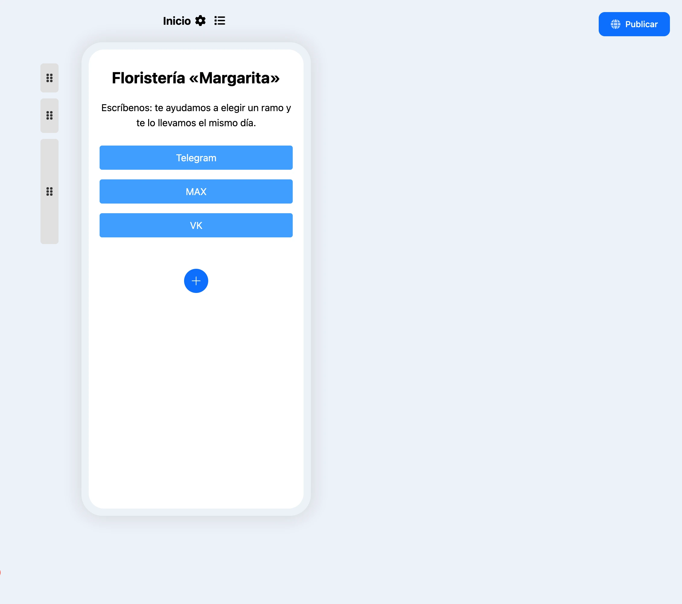 Editor de mini landings: una página con un título, texto y botones a apps de mensajería