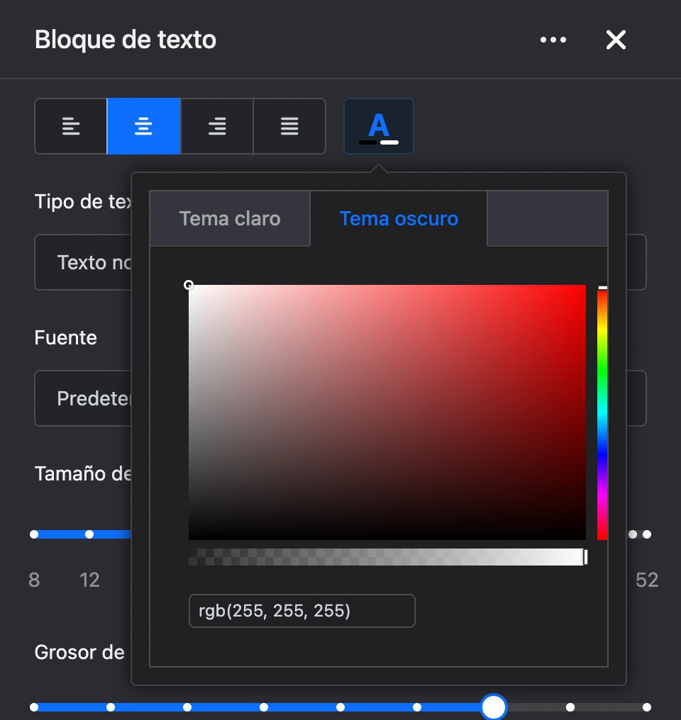 Selector de color: pestañas del tema claro y oscuro