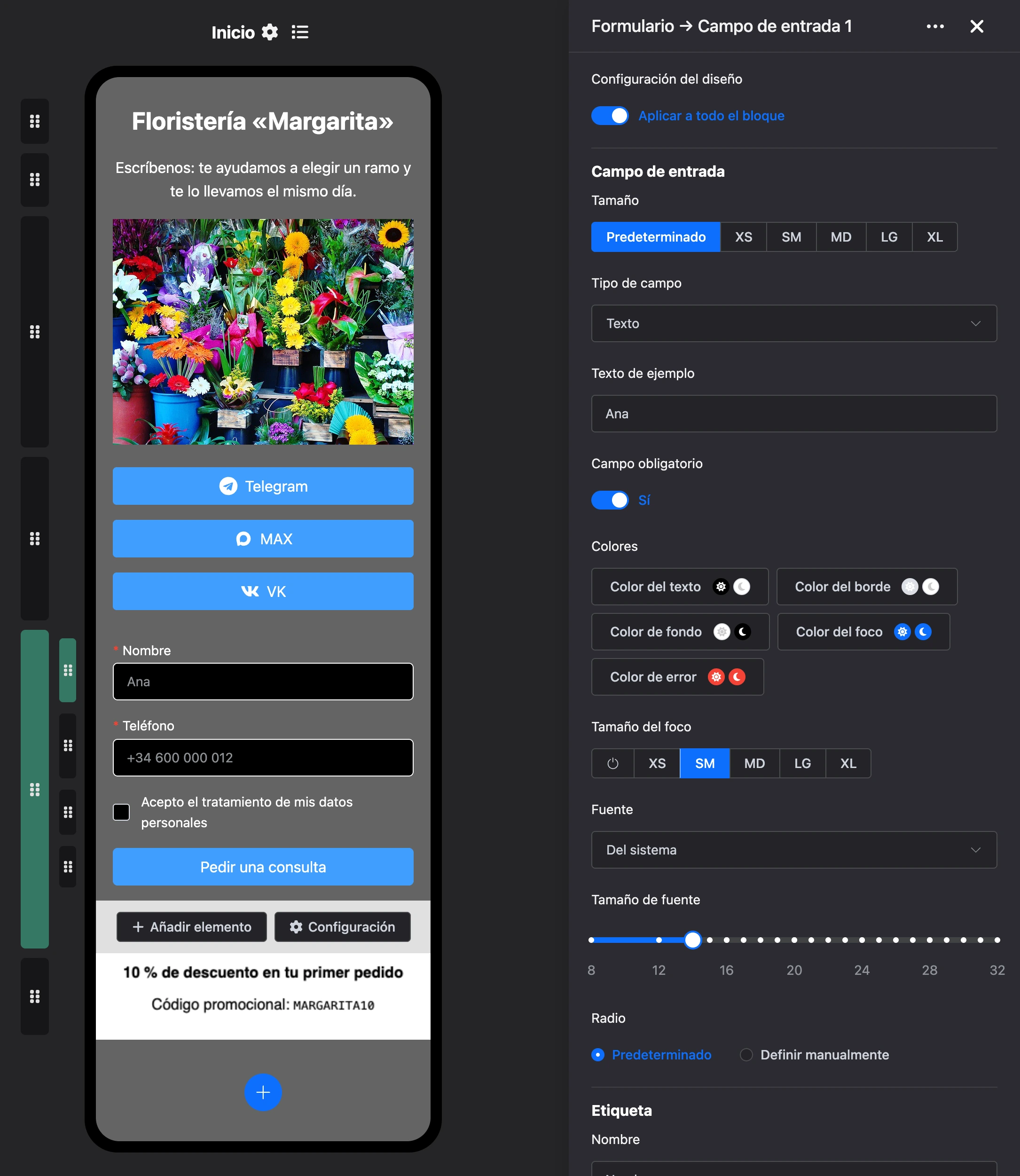 Bloque Formulario: configuración del campo de entrada