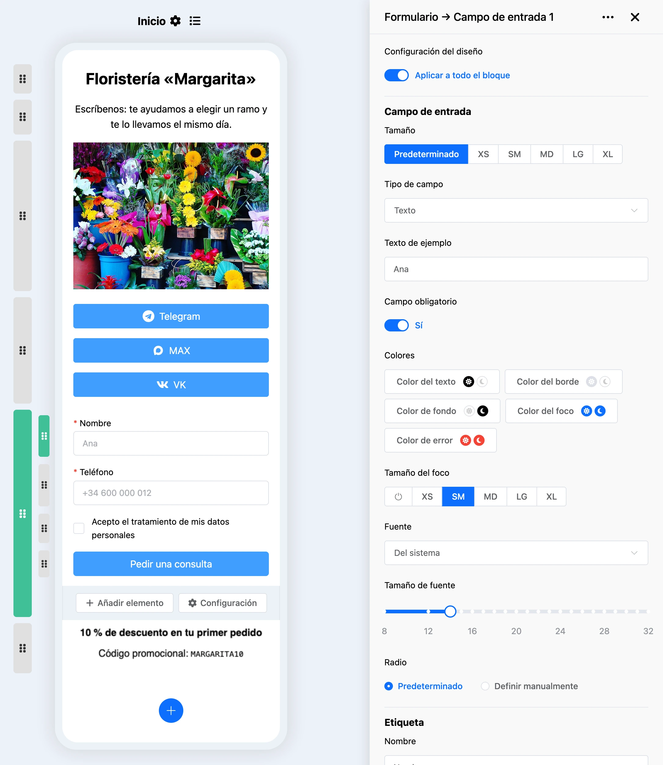 Bloque Formulario: configuración del campo de entrada