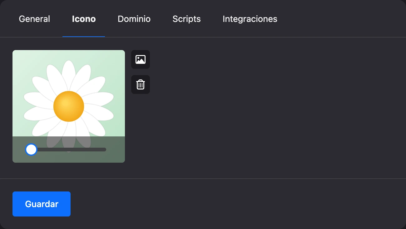 La pestaña «Icono»: la imagen subida en el marco con el control de zoom