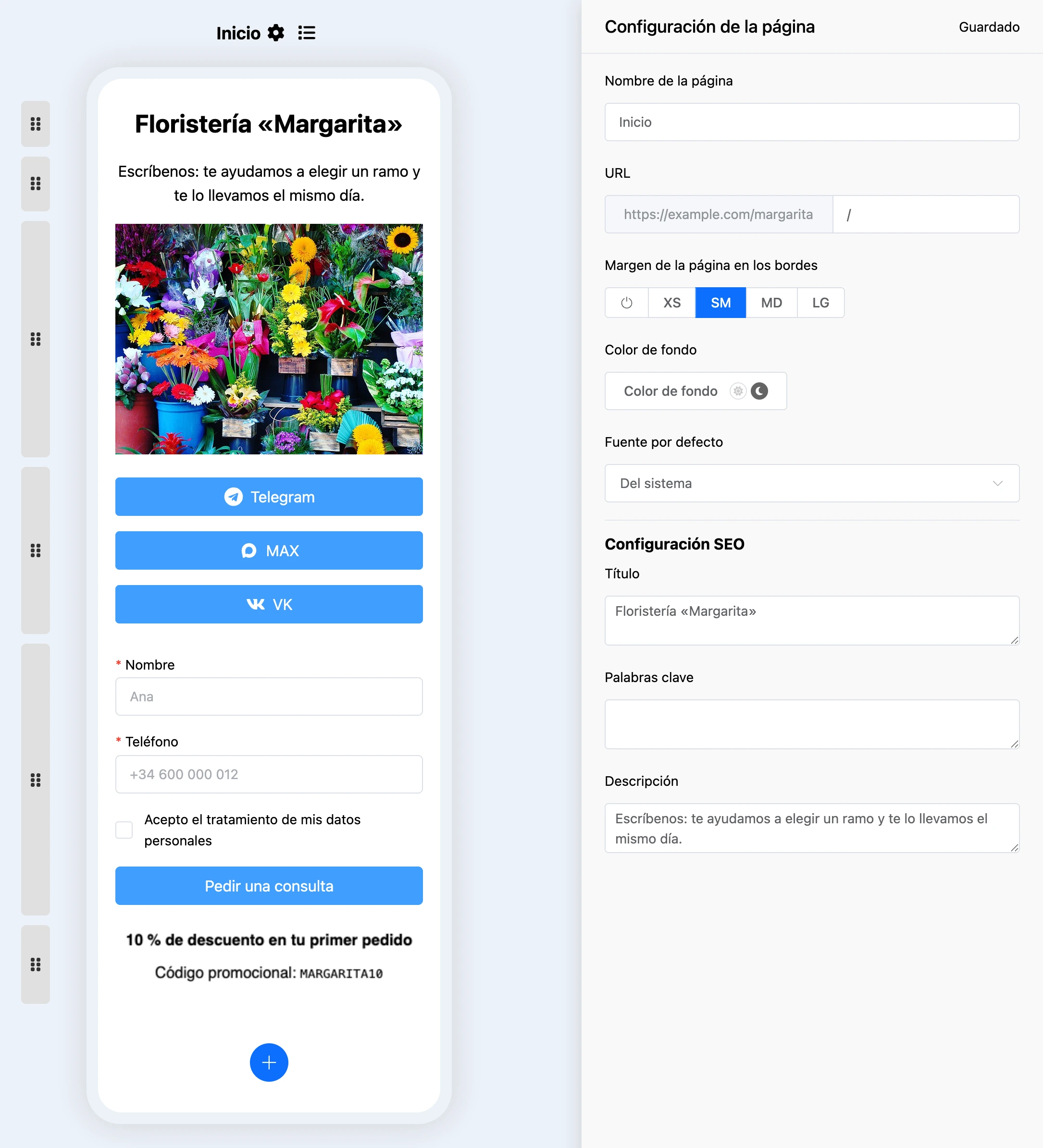Configuración de la página: dirección, fondo, fuente y SEO