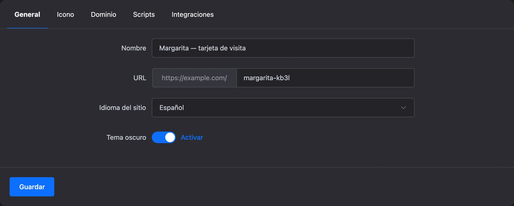 La pestaña General de la configuración de la landing