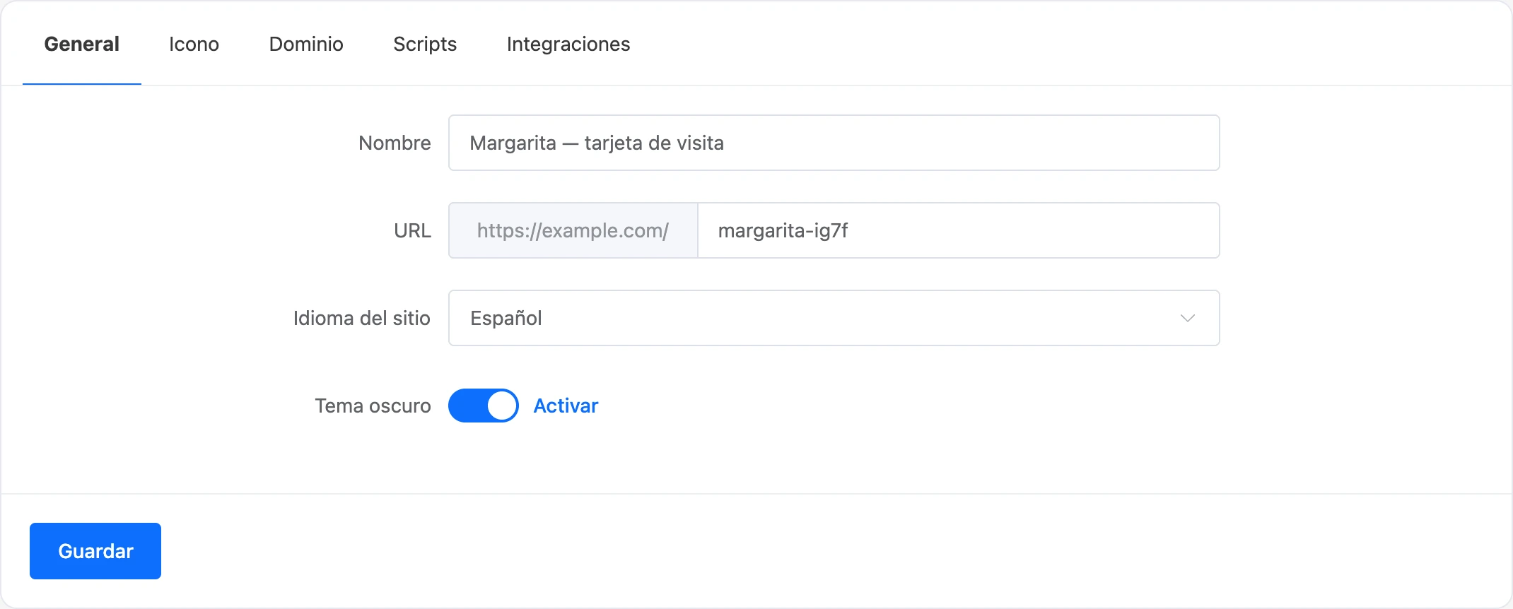 La pestaña General de la configuración de la landing