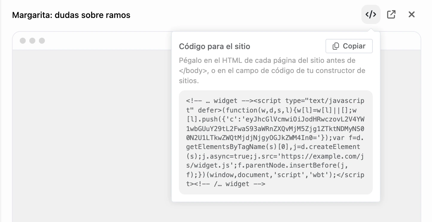 El cuadro «Código para el sitio» en el panel del widget