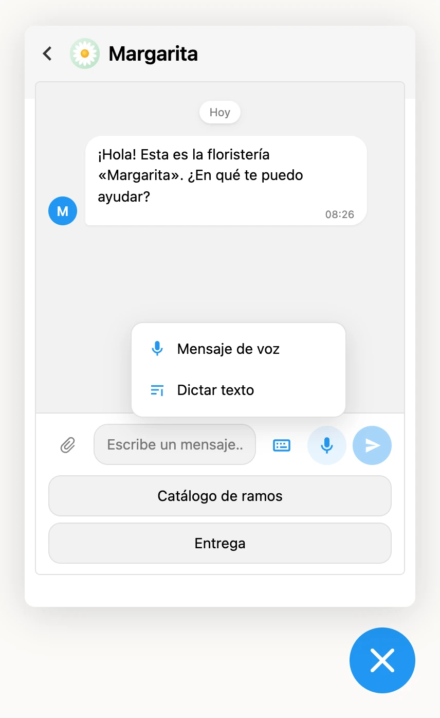 El chat en un sitio: el icono del widget en el encabezado y el menú del micrófono, grabar un mensaje de voz o dictar texto
