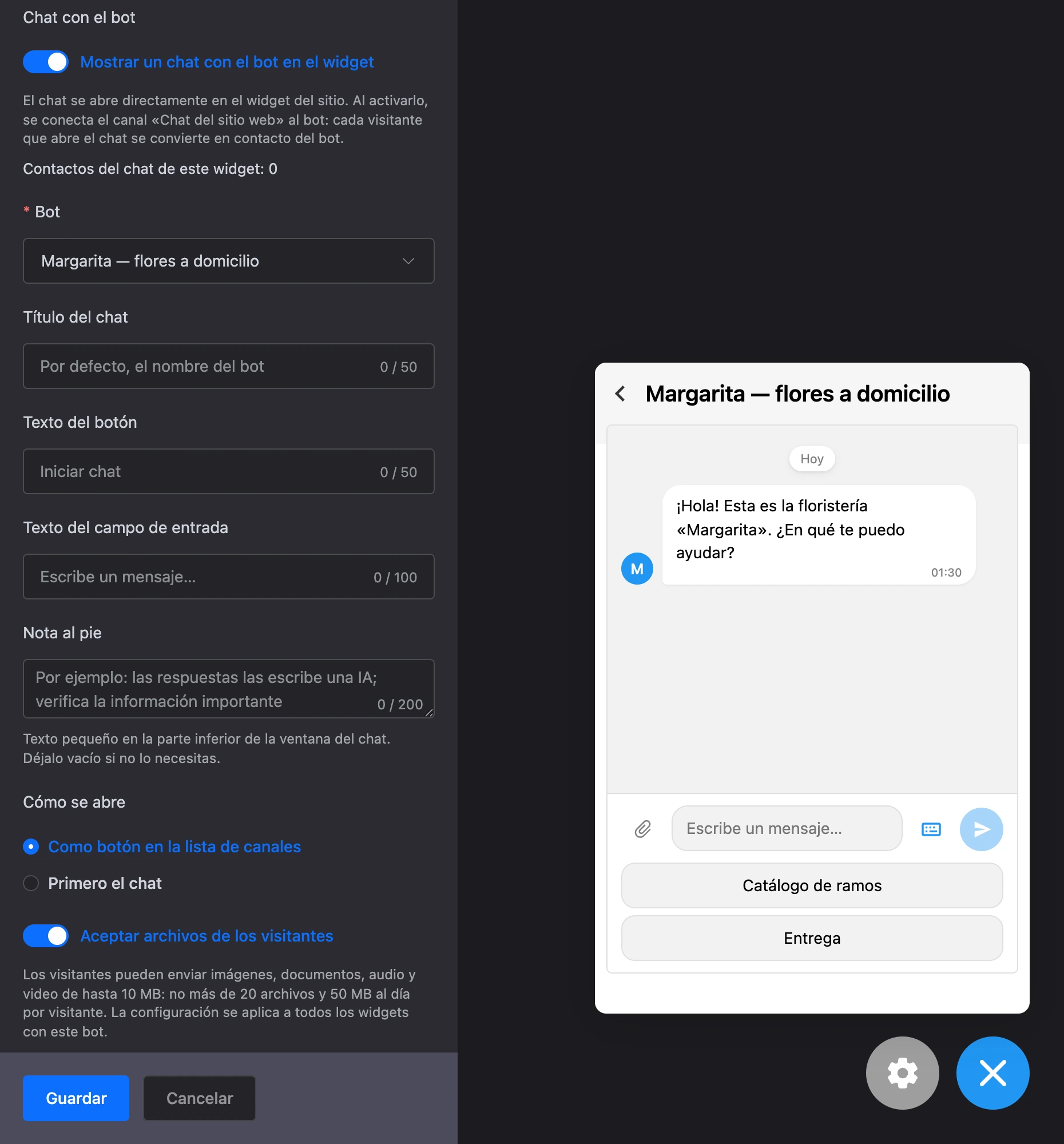 Configuración del chat y una conversación abierta con el bot en el widget